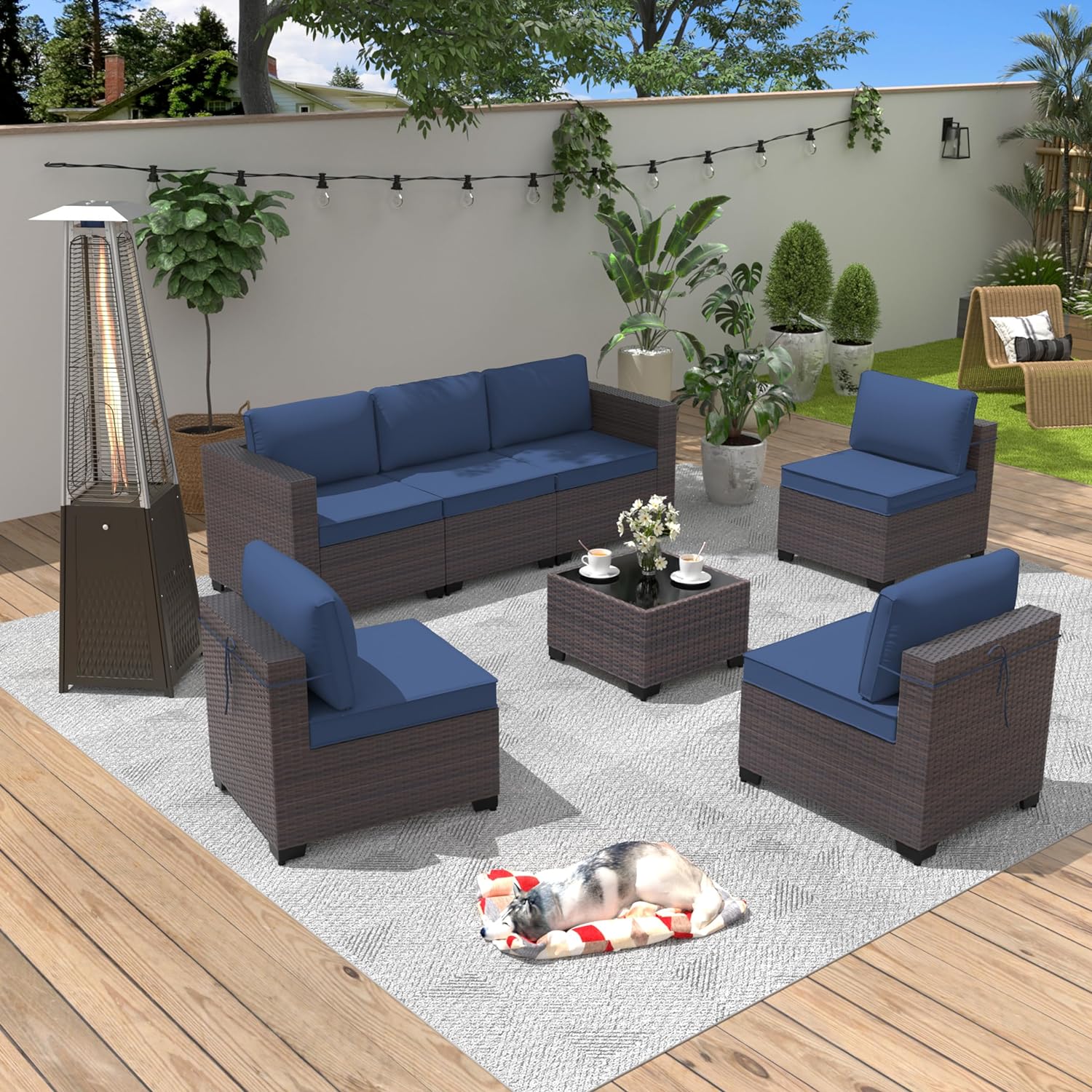 ALAULM LS-7PCS+PH-NAVY 8-Piece Rattan Patio Conversation Set with Blue Cushions