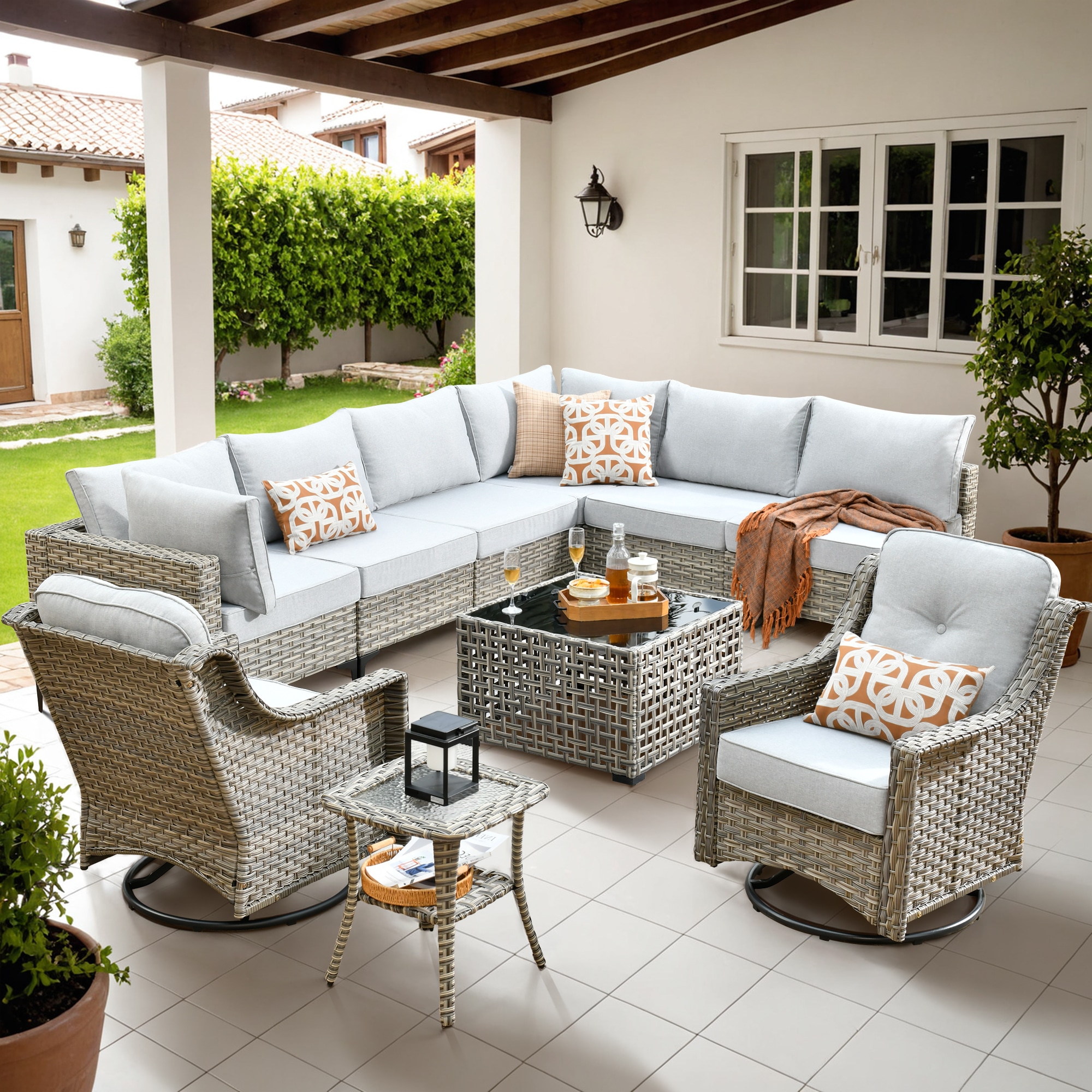 Caodoc L5-YZSKT410-1 YZSKT Wicker Outdoor Sofa with Light gray Cushions and Wicker Frame