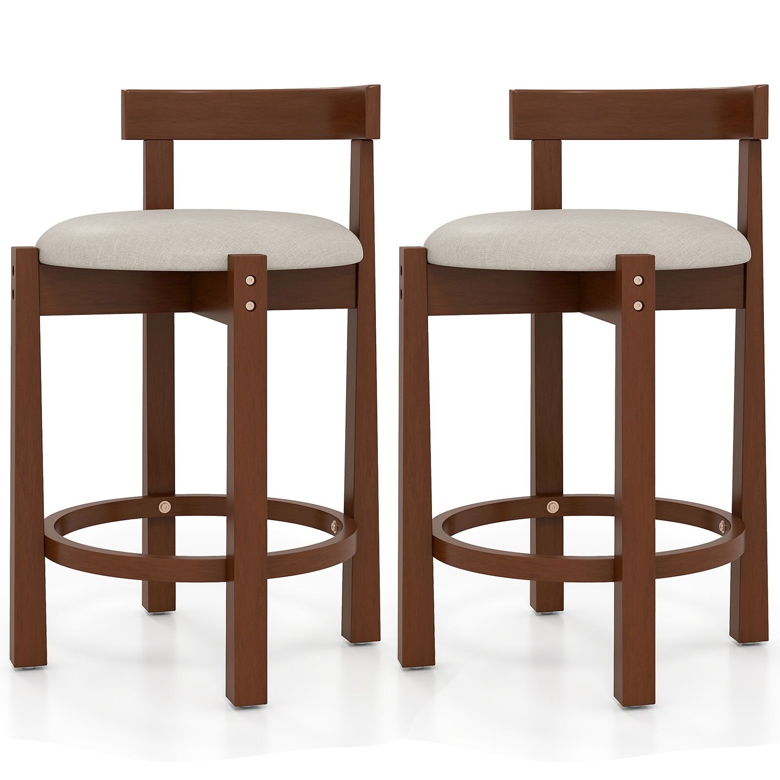 Slickblue - Shell Back Linen Bar Stool (24 in H) Set of 2 Walnut and Beige Round Upholstered Rubb...
