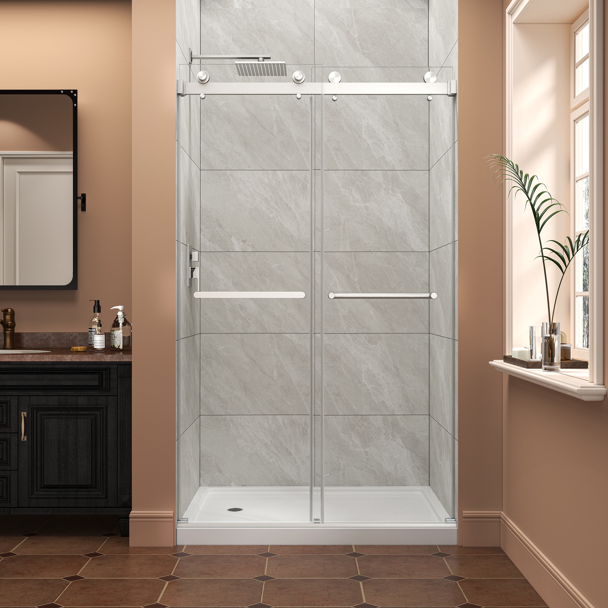 GDFStudio Modern 43-48 in.W x 76 in.H Clear Frameless Sliding Shower Door with 5/16 in. (8mm) Tempered Glass - Brushed Nickel