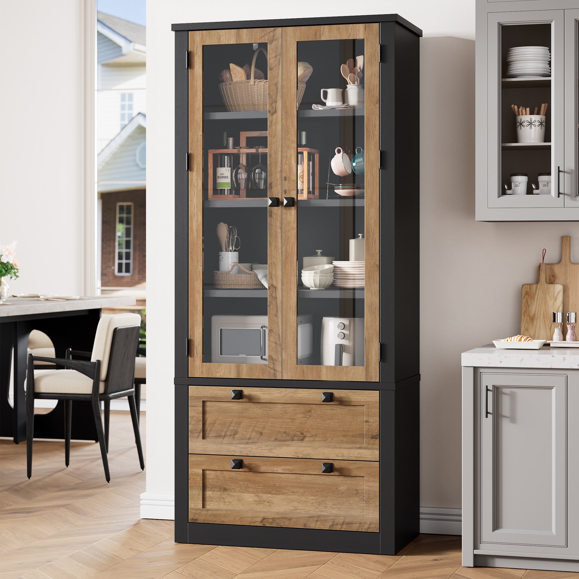 IdealHouse Modern Farmhouse Kitchen Pantry Cabinet with Glass Doors 72 ...