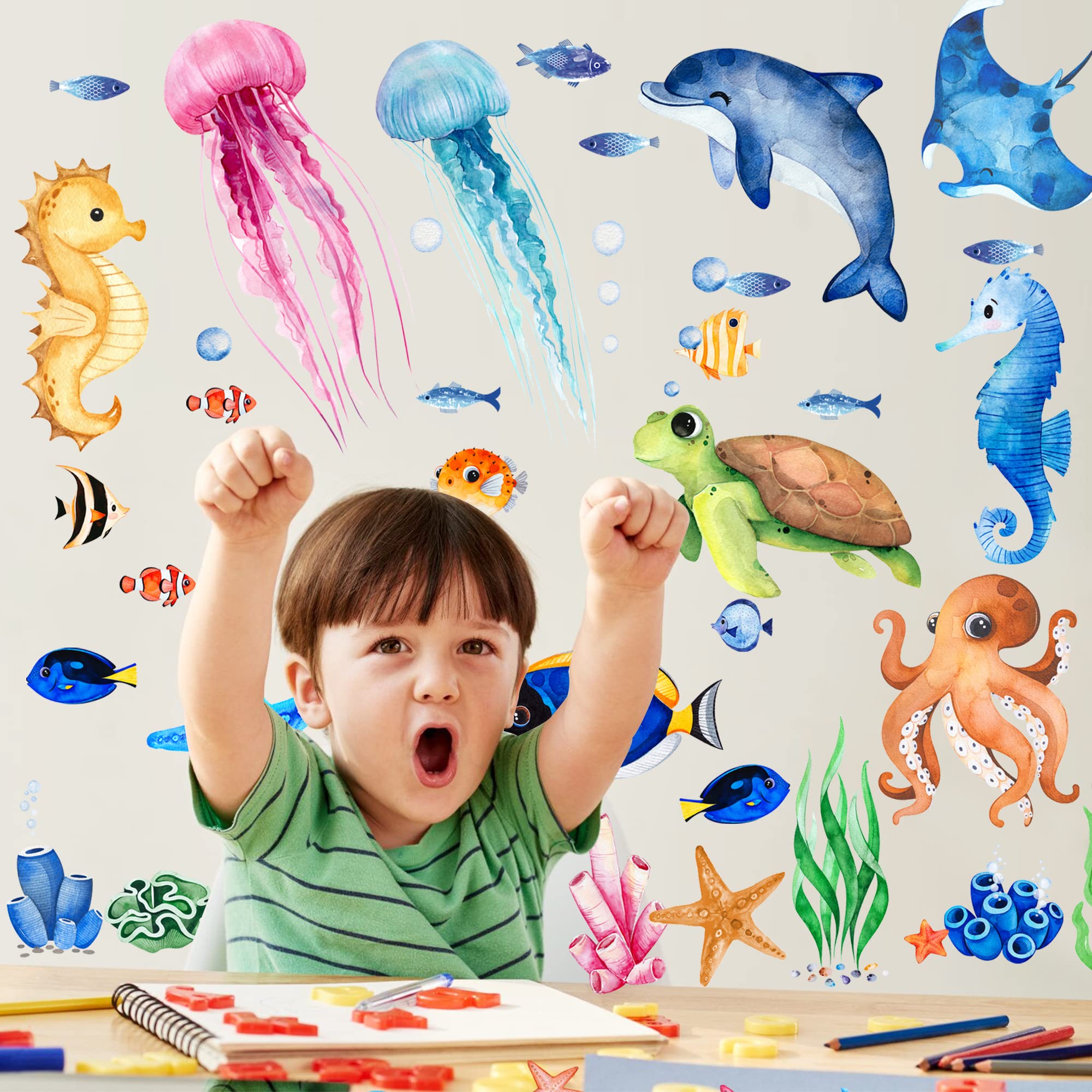 LAIFUCAM Ocean Fish Wall Decals Stickers Set with Marine Animals for ...