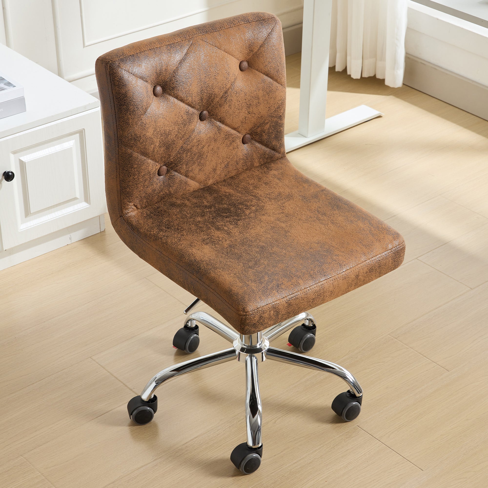 Vecelo LOE-OC05-DBRN Armless Office Desk Chair Modern Tufted Task Chair Faux Leather Upholstered Computer Chair with Adjustable Seat Height