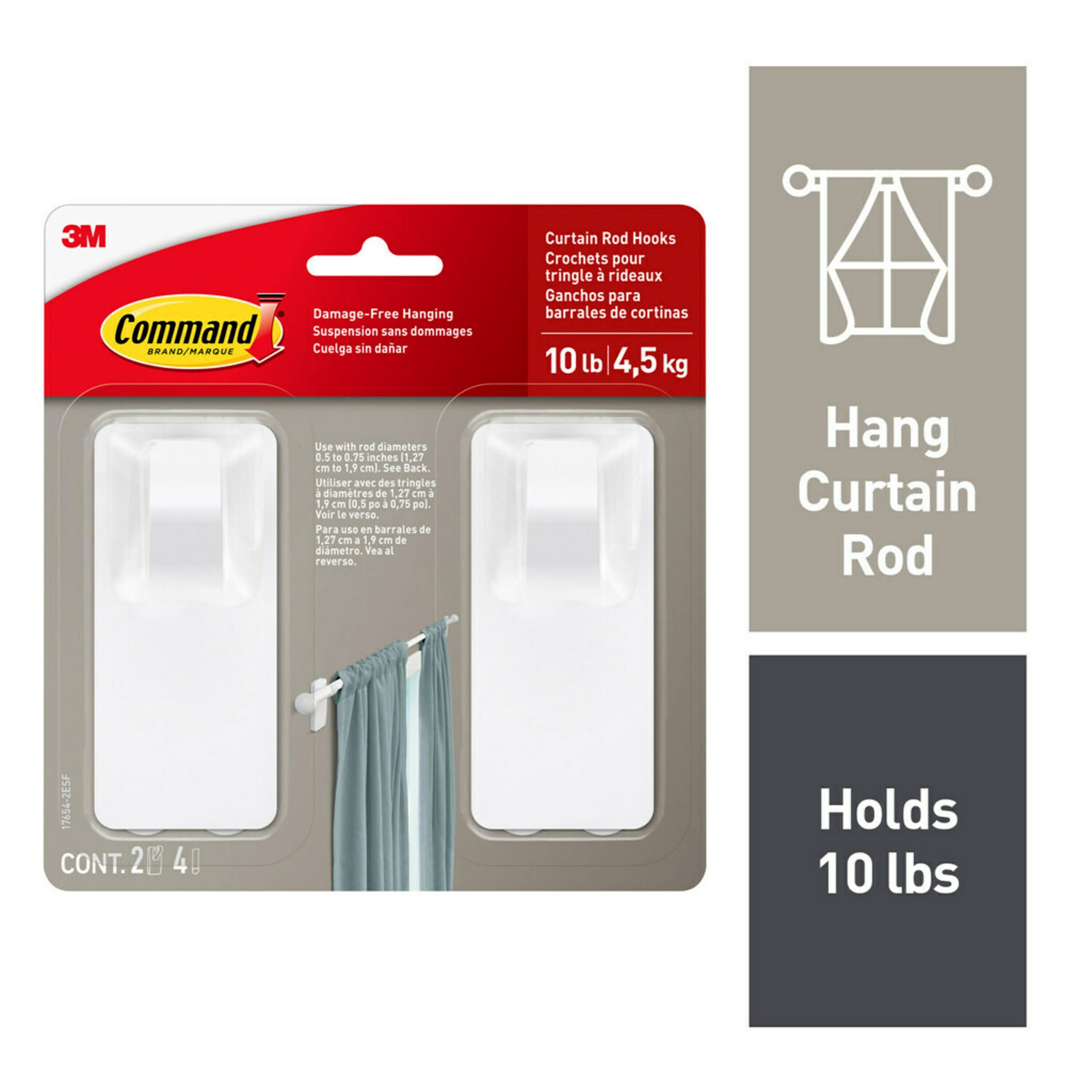  Command Satin Nickel Curtain Rod Hooks with Command Strips,  Hang Curtain Rods No Drilling, Holds up to 10 lbs : Home & Kitchen