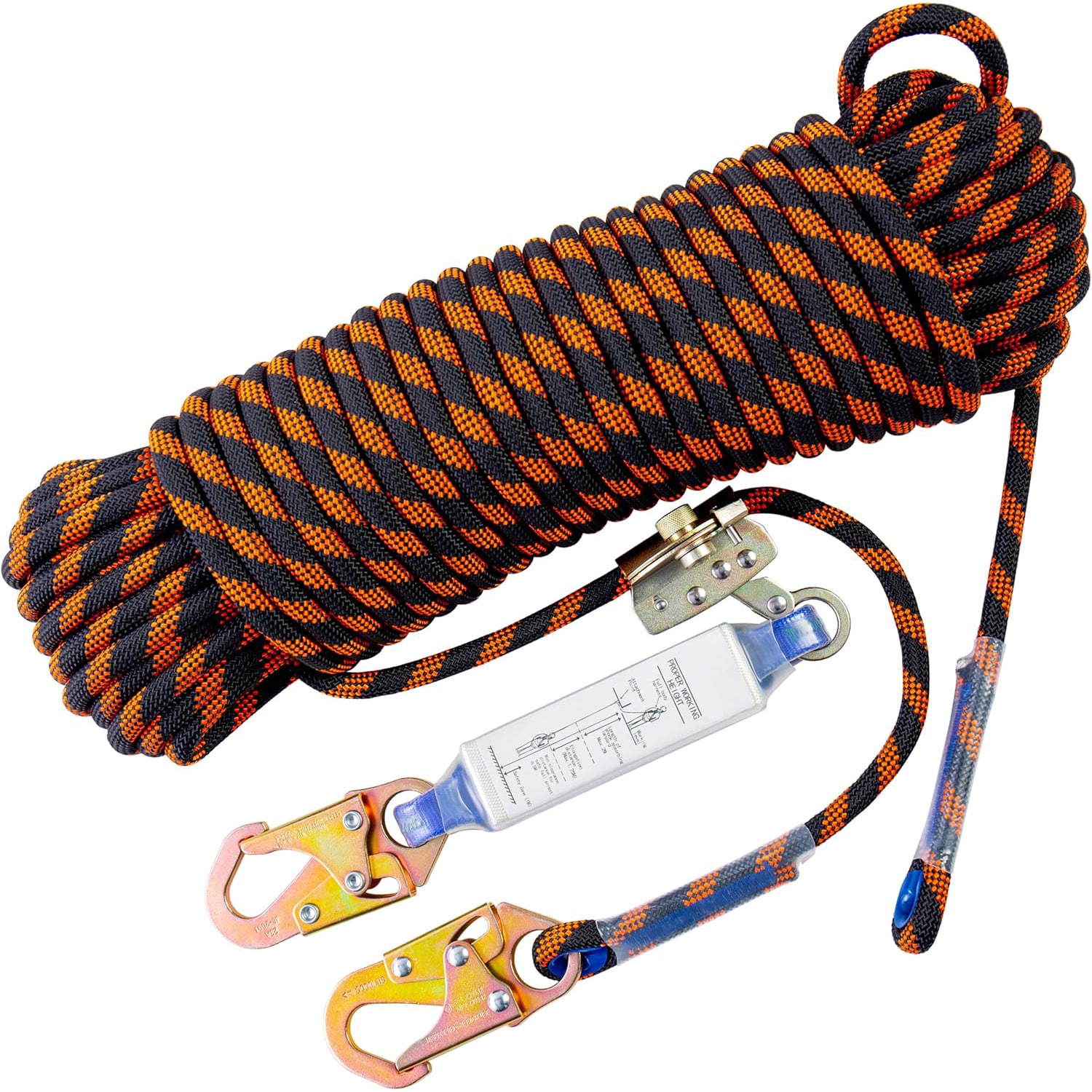 Etokfoks  100 ft vertical polyester rope harness safety lanyard with shock absorber grab and alloy steel spring snap hooks heavy duty