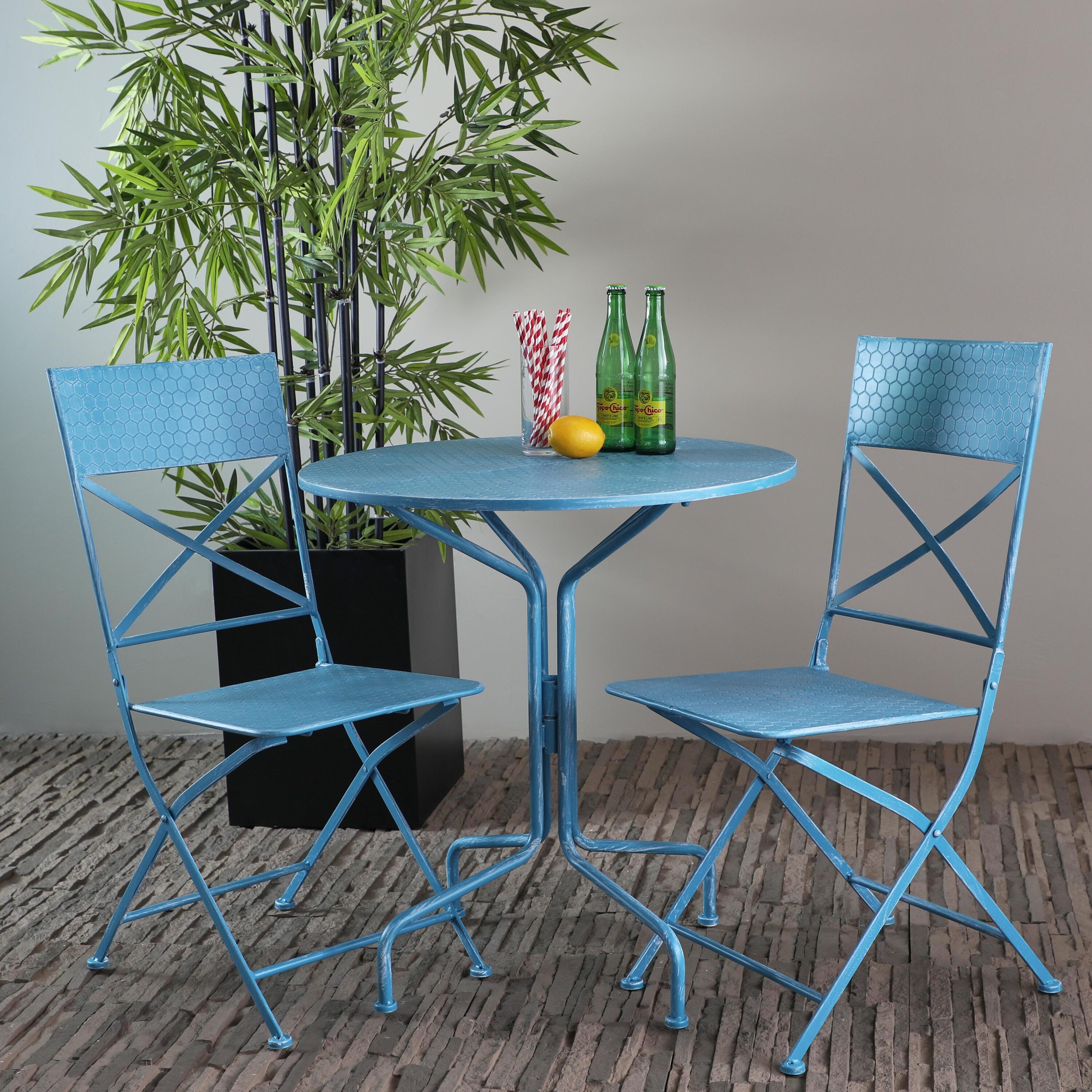 Grayson Lane 91437 3 -Piece Blue Bistro Patio Dining Set Wood Round Table with 2 Stationary Chairs