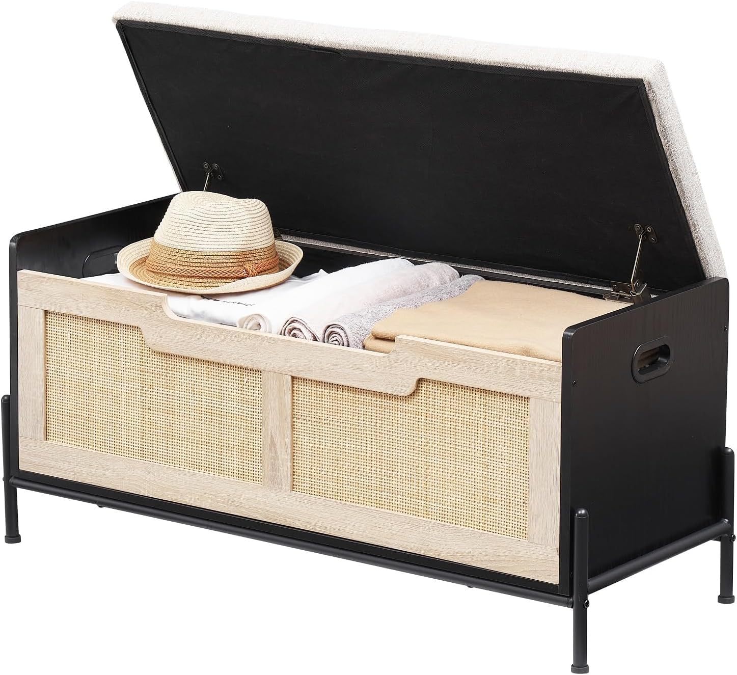 Rattan Storage Bench with 2 Safety Hinges Storage Chest Toy Box Entryway Storage Bench Supports 260 lb Toy Chest Organizer Easy Assembly