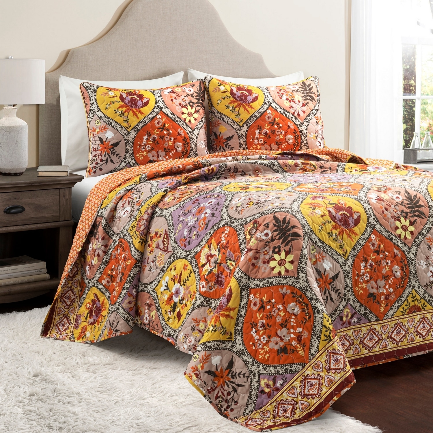 Lush Decor 21T013423 Tangerine Floral Reversible Full/Queen Quilt Cotton