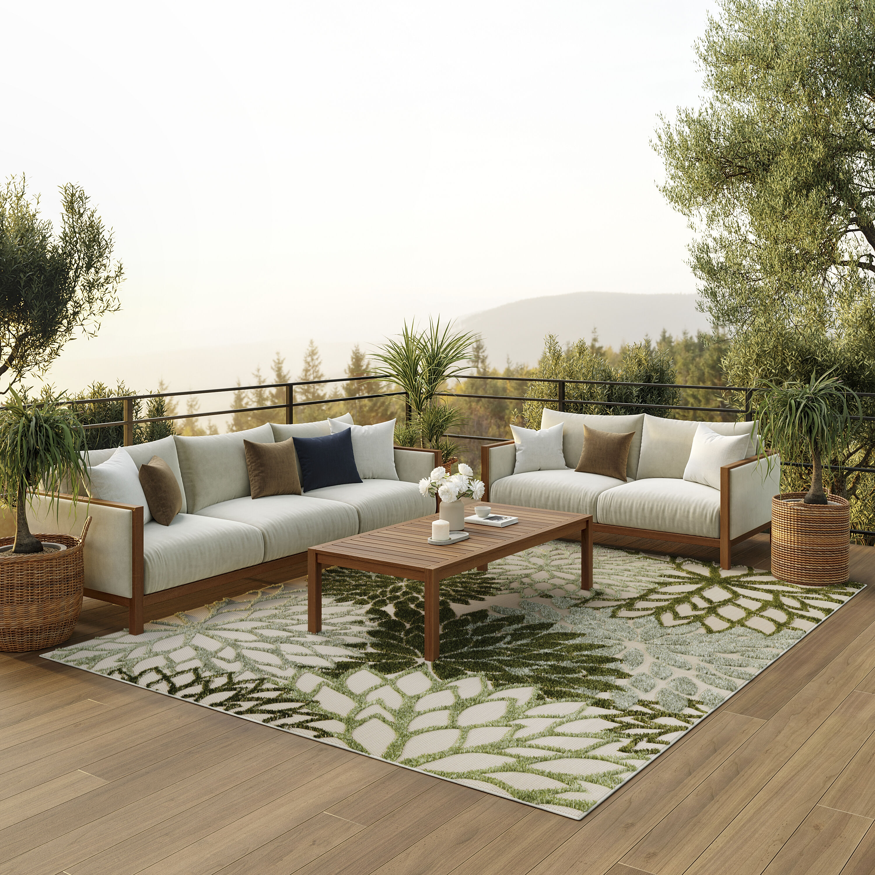 Nourison Home 099446952837 8 x 11 (ft) Loomed Polypropylene Ivory Green Rectangular Indoor/Outdoor Floral/Botanical Tropical Area rug