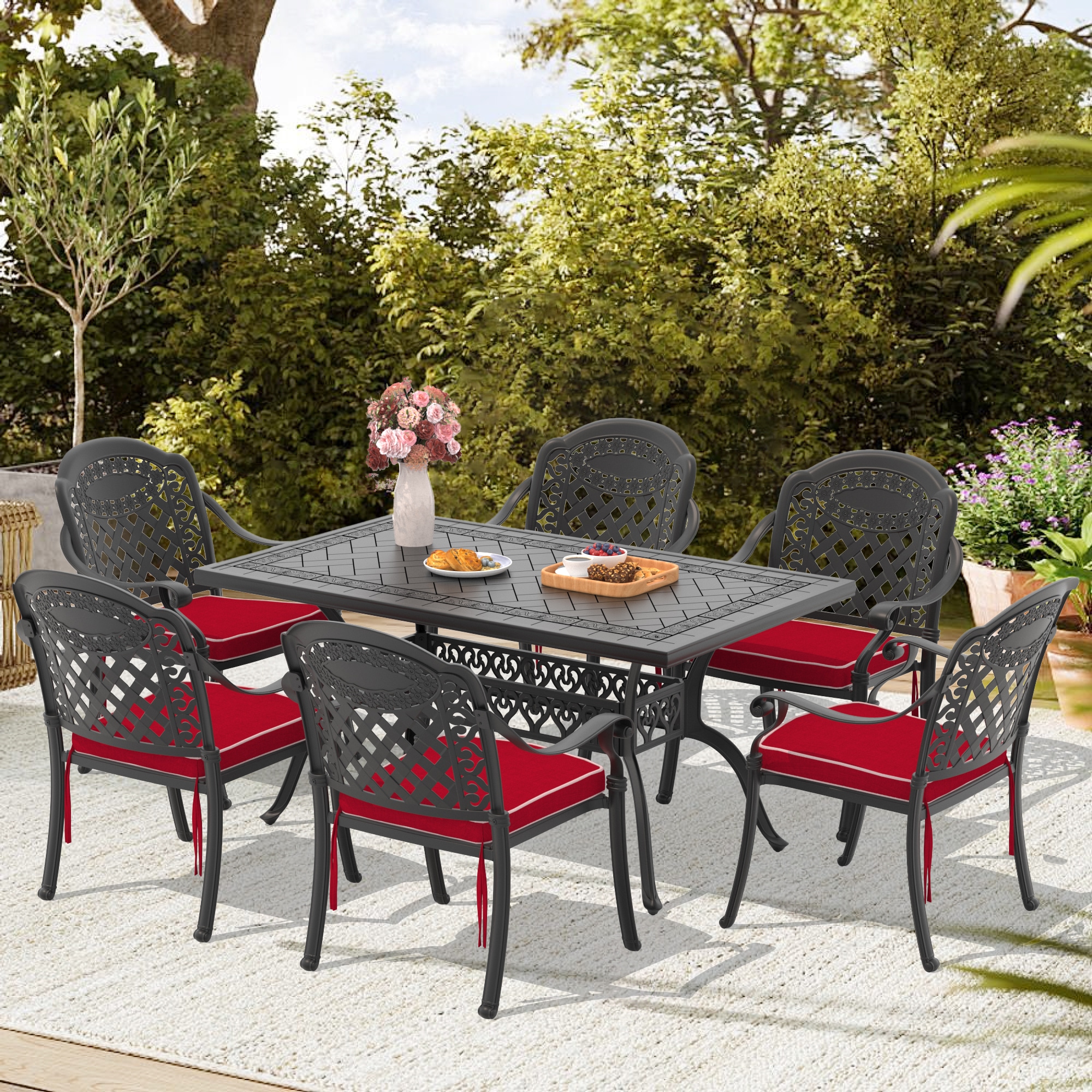 nicesure CSLBK6008CZ6RC1165 7 -Piece Black Patio Dining Set Aluminum Rectangle Table with 6 Cushions Stackable Stationary Chairs