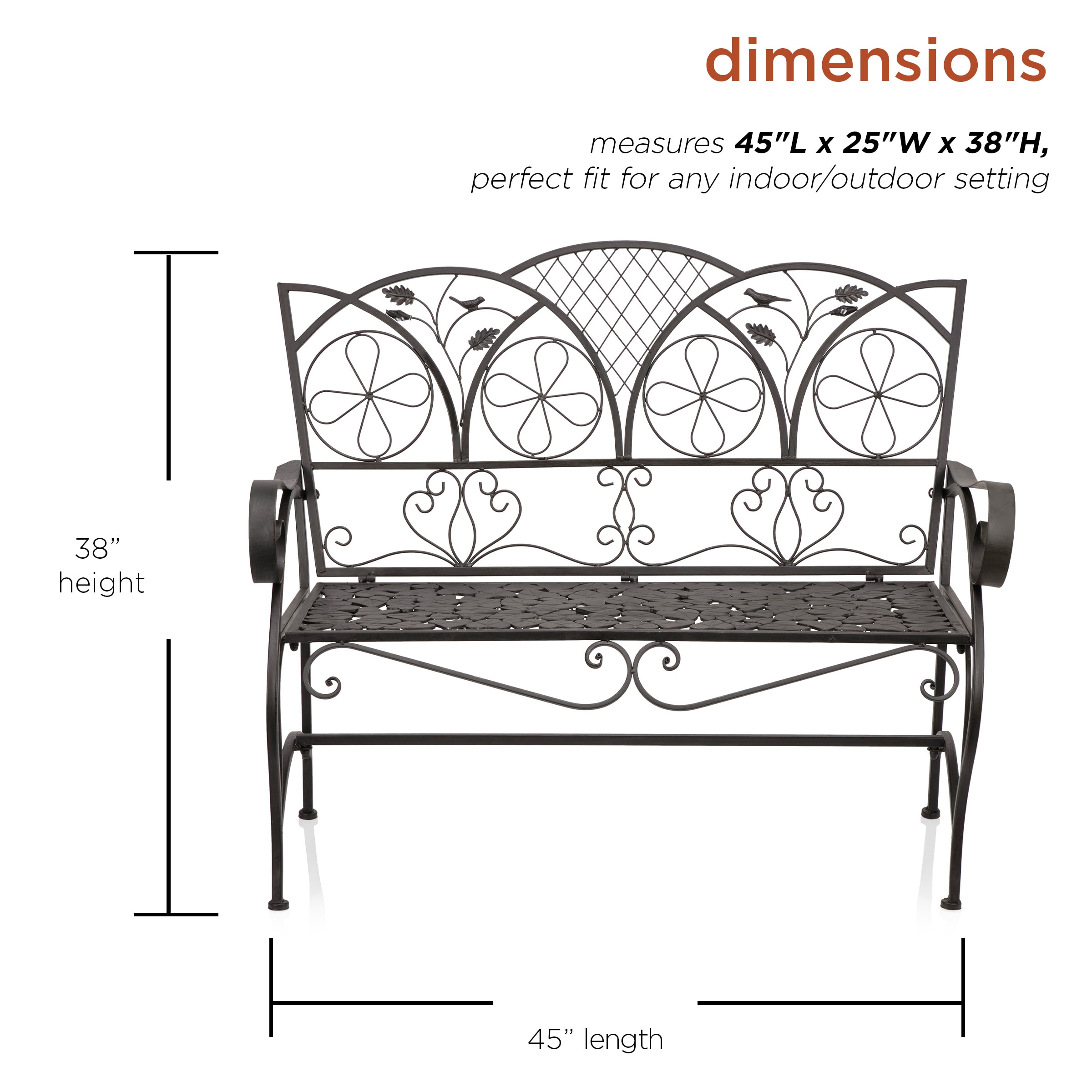 Elegant Alpine 45'' Brown Metal Garden Bench with Backrest