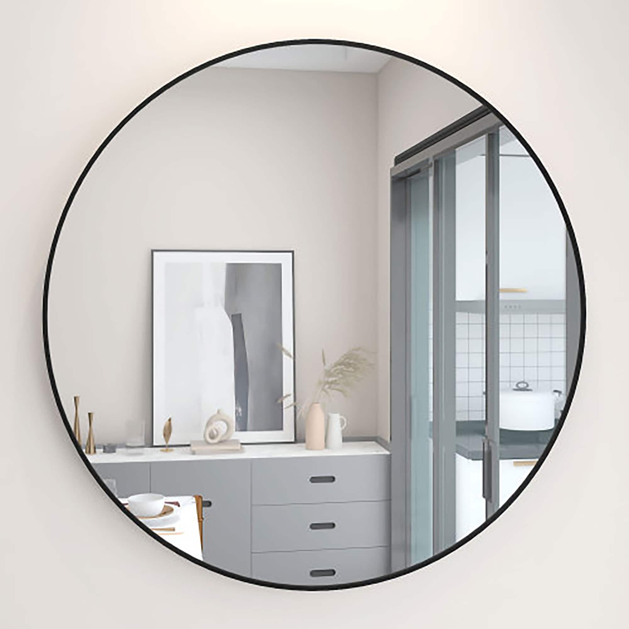 WELLFOR ALMR-18 32-Inches x 32-Inches Framed Round Bathroom Vanity Mirror ( Black )