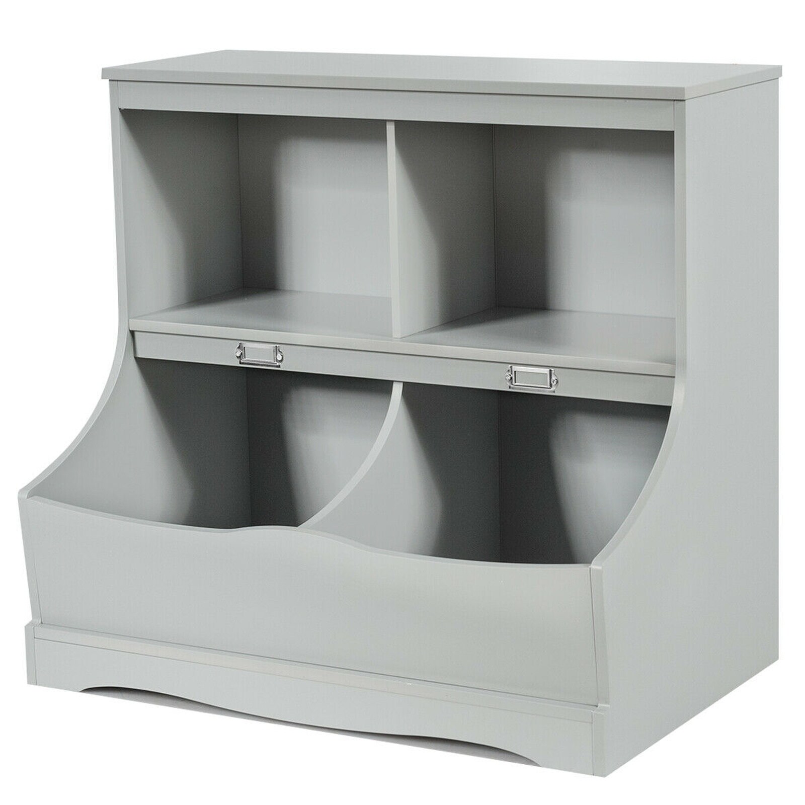 SUGIFT Kids Floor Cabinet Multi-Functional Bookcase with 2 Cubbies 2 Bins Name Card 26.5-in Gray MDF