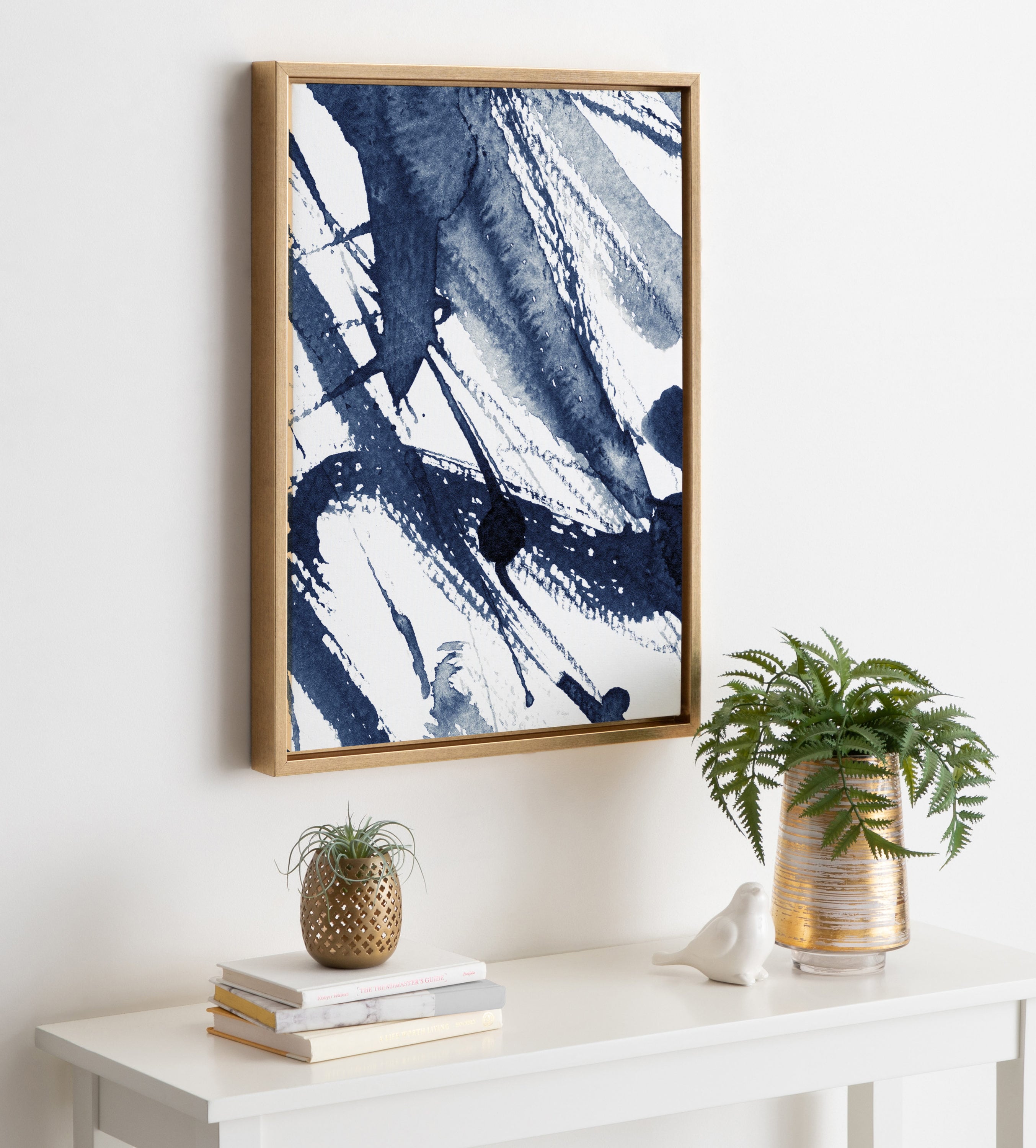 Indigo Watercolor Abstract Canvas Art with Gold Frame