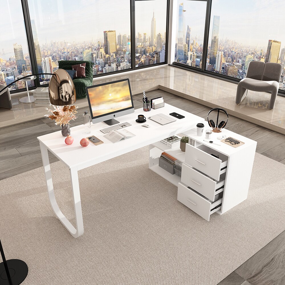 Adjustable Office Desk with Layer Board Drawers and Extendable Width 55 ...