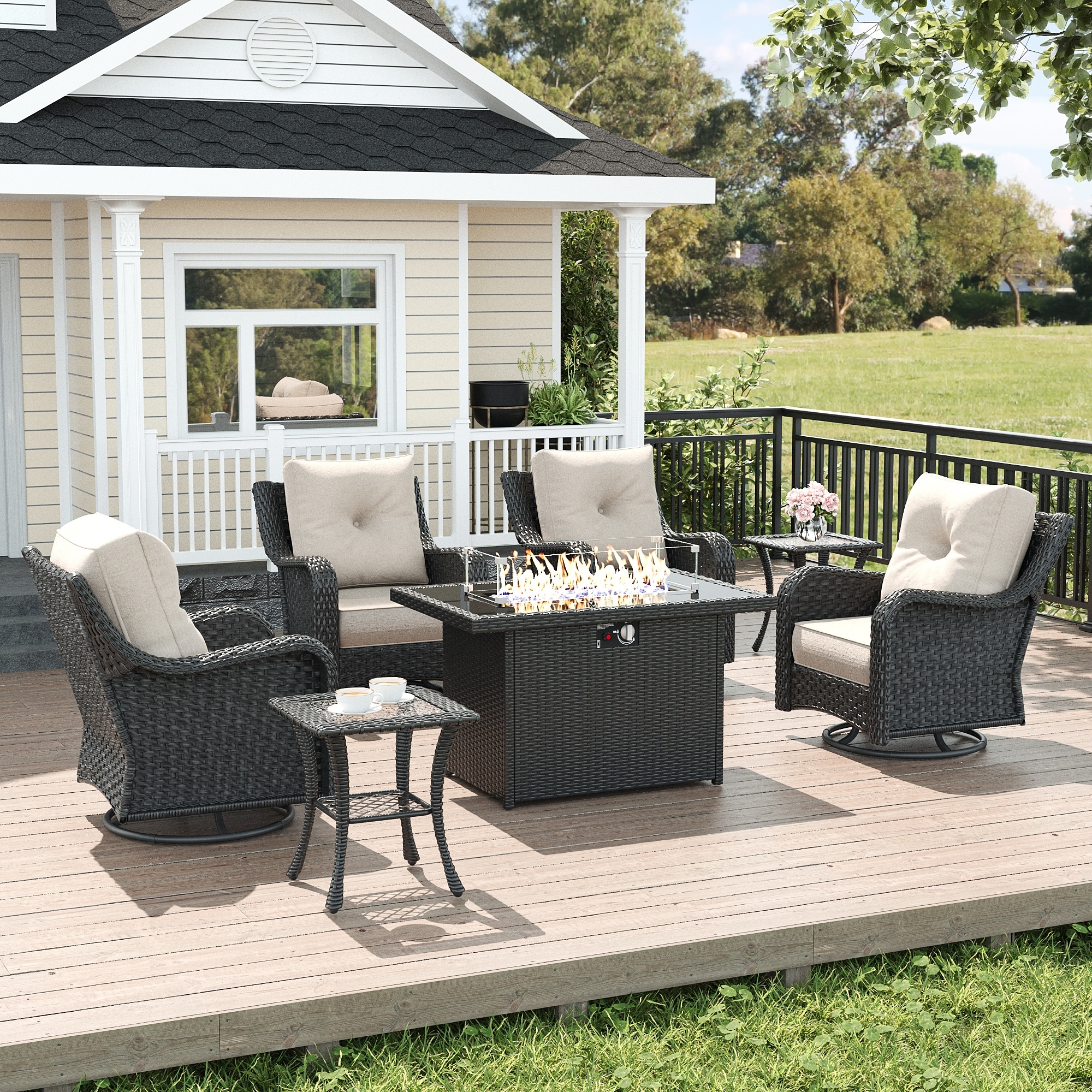 LayinSun FP6005-7P-HE01 7 -Piece Outdoor Rattan Patio Conversation Set with Fire Pit and Beige Cushions