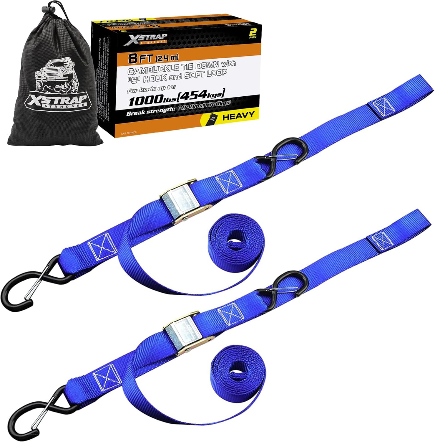 Phewnyzo  Heavy Duty Motorcycle Tie Down Straps 2 Pack 1.5 IN by 8 FT Cambuckle Tie Down Set with S Hook and Soft Loops for Dirt Bike Kayak Boat