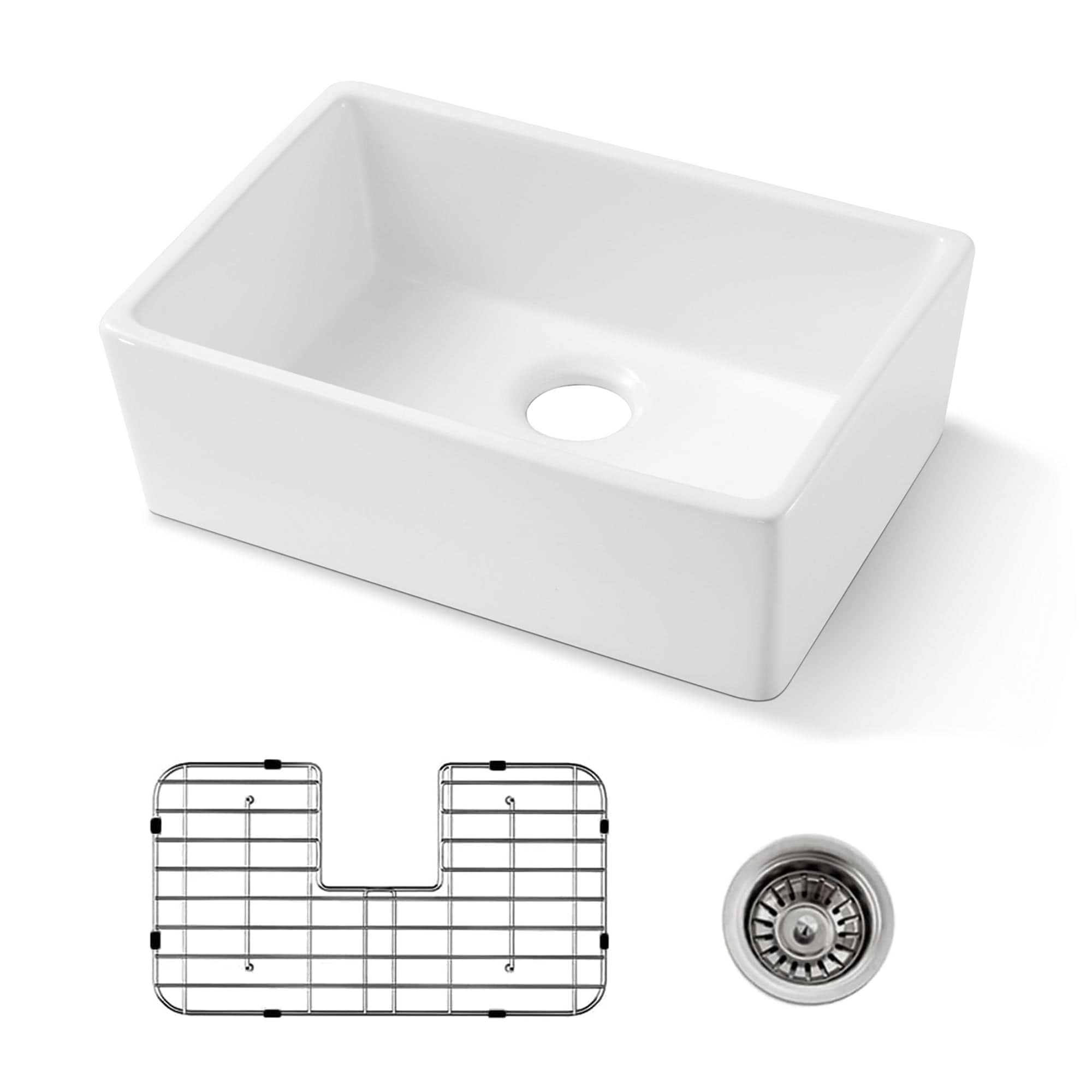 Tatayosi T313111 24 Inch White Fireclay Farmhouse Sink24x 16 White Farm Sink for Small Kitchen and Laundry Apron Front Porcelain Ceramic Sink Single Basin with Bottom Grid and Strainer