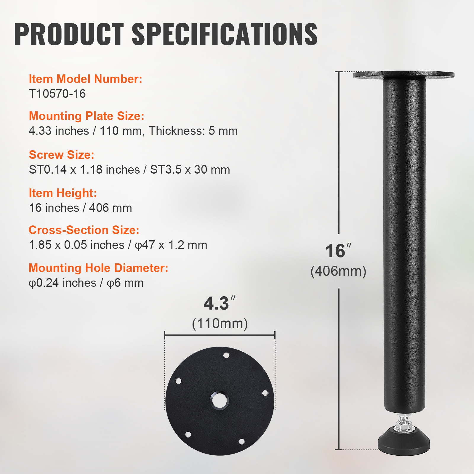 Black 16'' Adjustable Solid Steel Desk Legs Set of 4