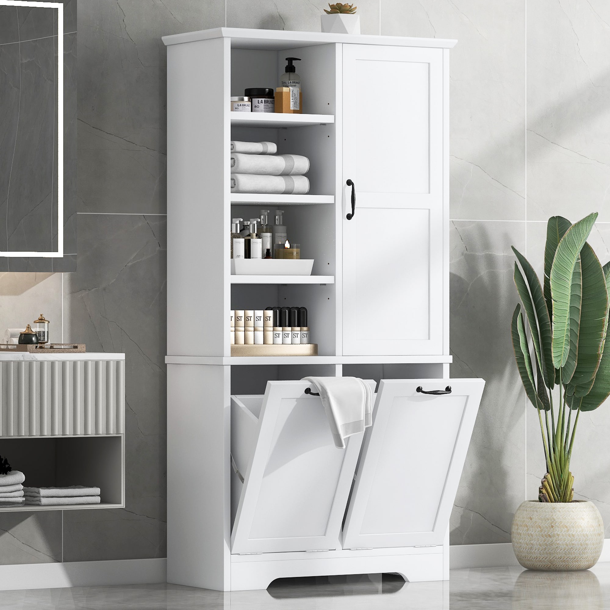 Homy Casa 31-in W White Bathroom Storage Cabinet Freestanding with Doors Drawers Adjustable Shelves and Anti-Tipping Device