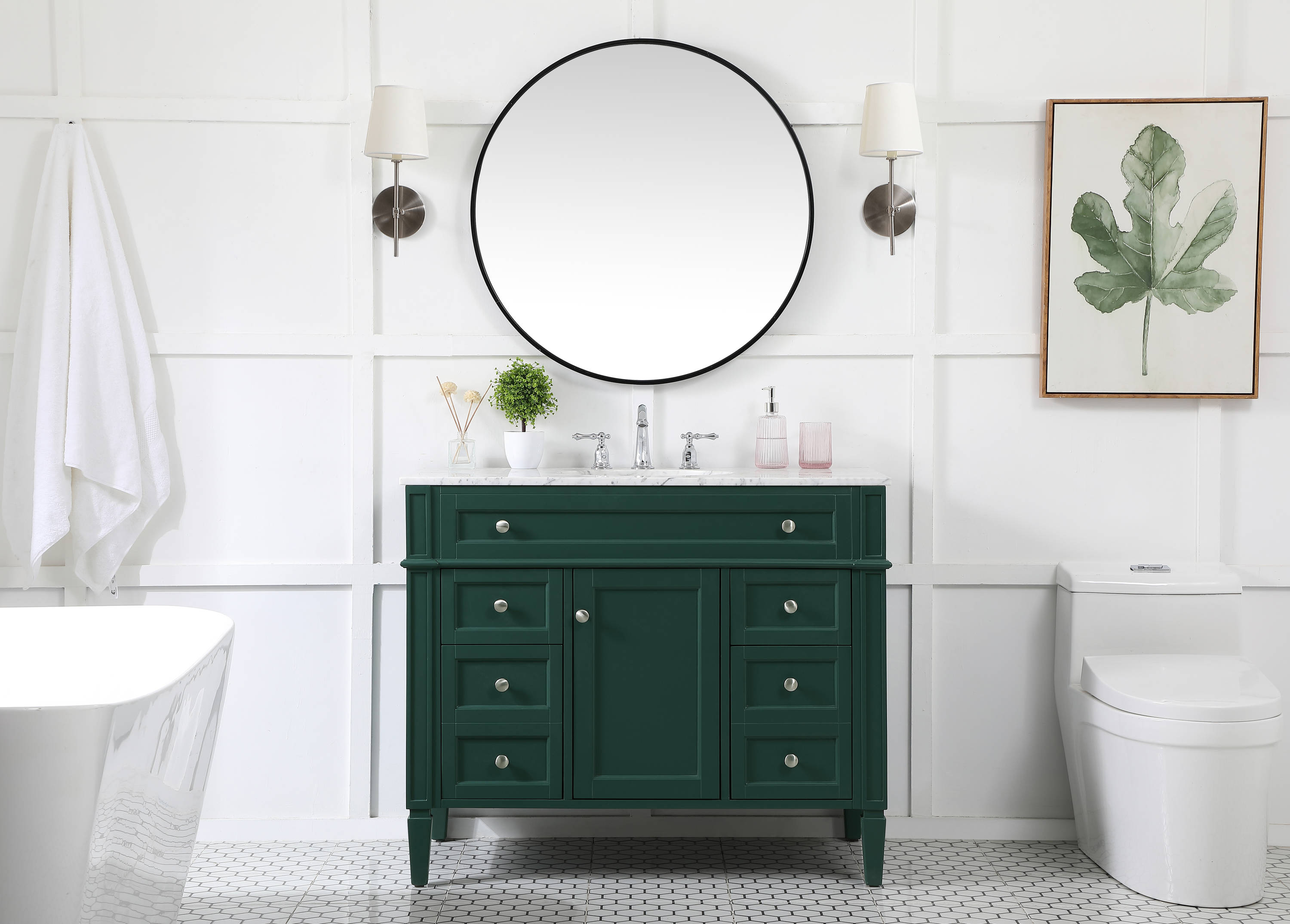 Green Solid Wood and Marble Single Bathroom Vanity