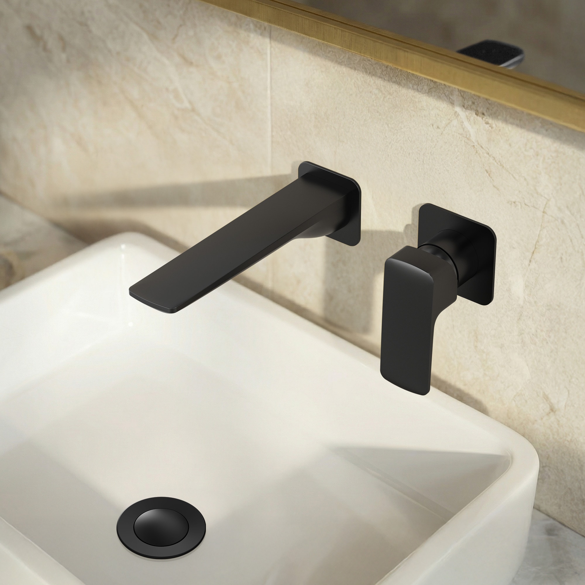 GRANDJOY - Matte Black Single-handle Wall-mount Bathroom Sink Faucet 1.2GPM with Drain Assembly I...