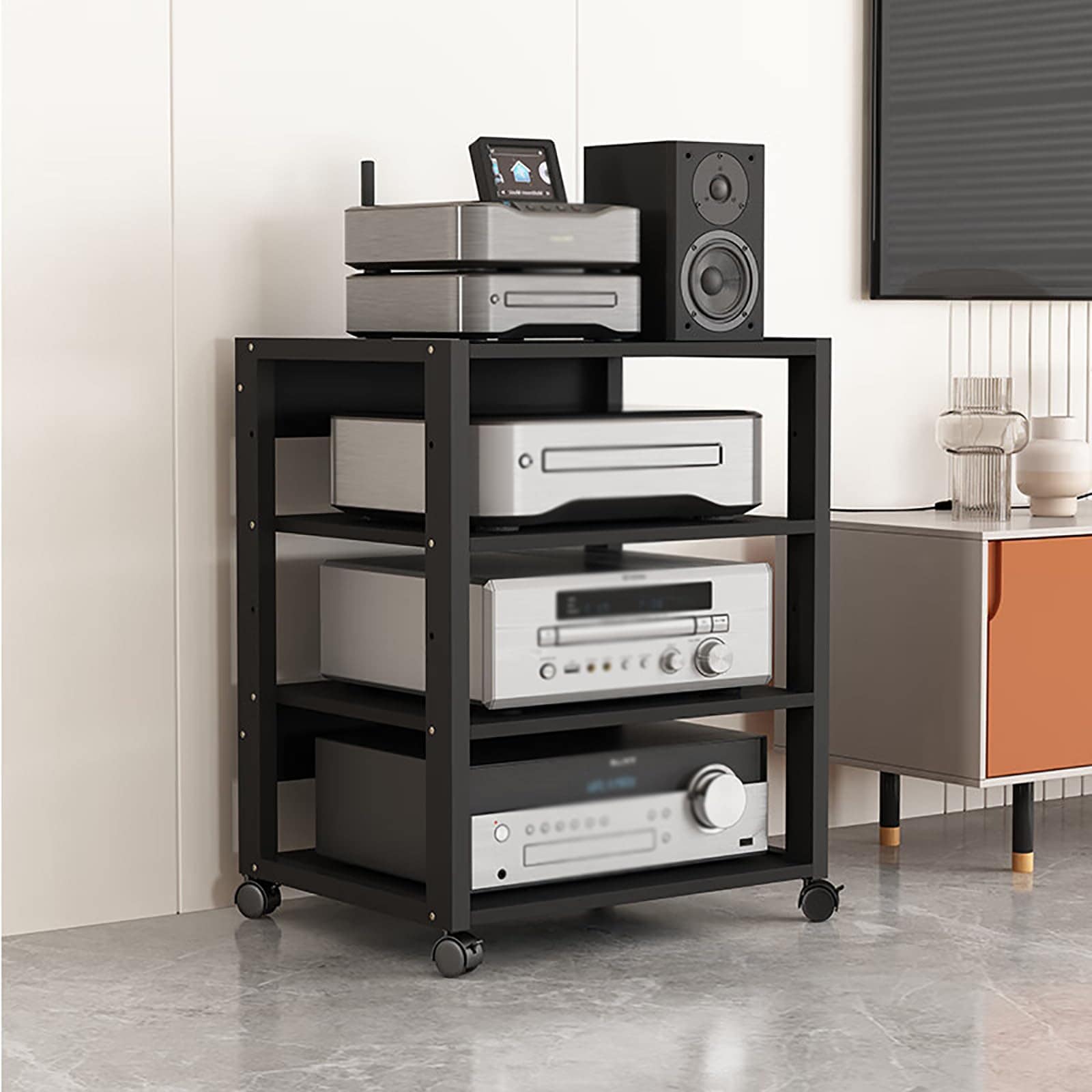 KIWDZFU 4 Tier Audio Rack Tower with Adjustable Wooden Shelves Heavy ...
