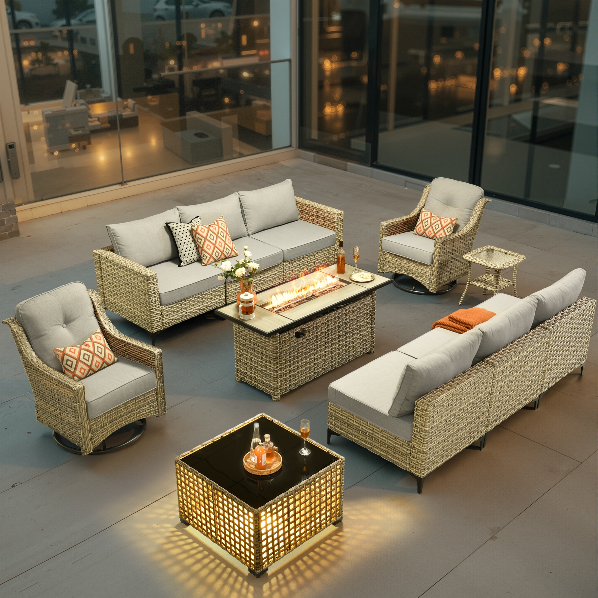 weaxty HMBCFP8503-PYZDSC411 Lotus Wicker Outdoor Sectional with Gray Cushions and Steel Frame