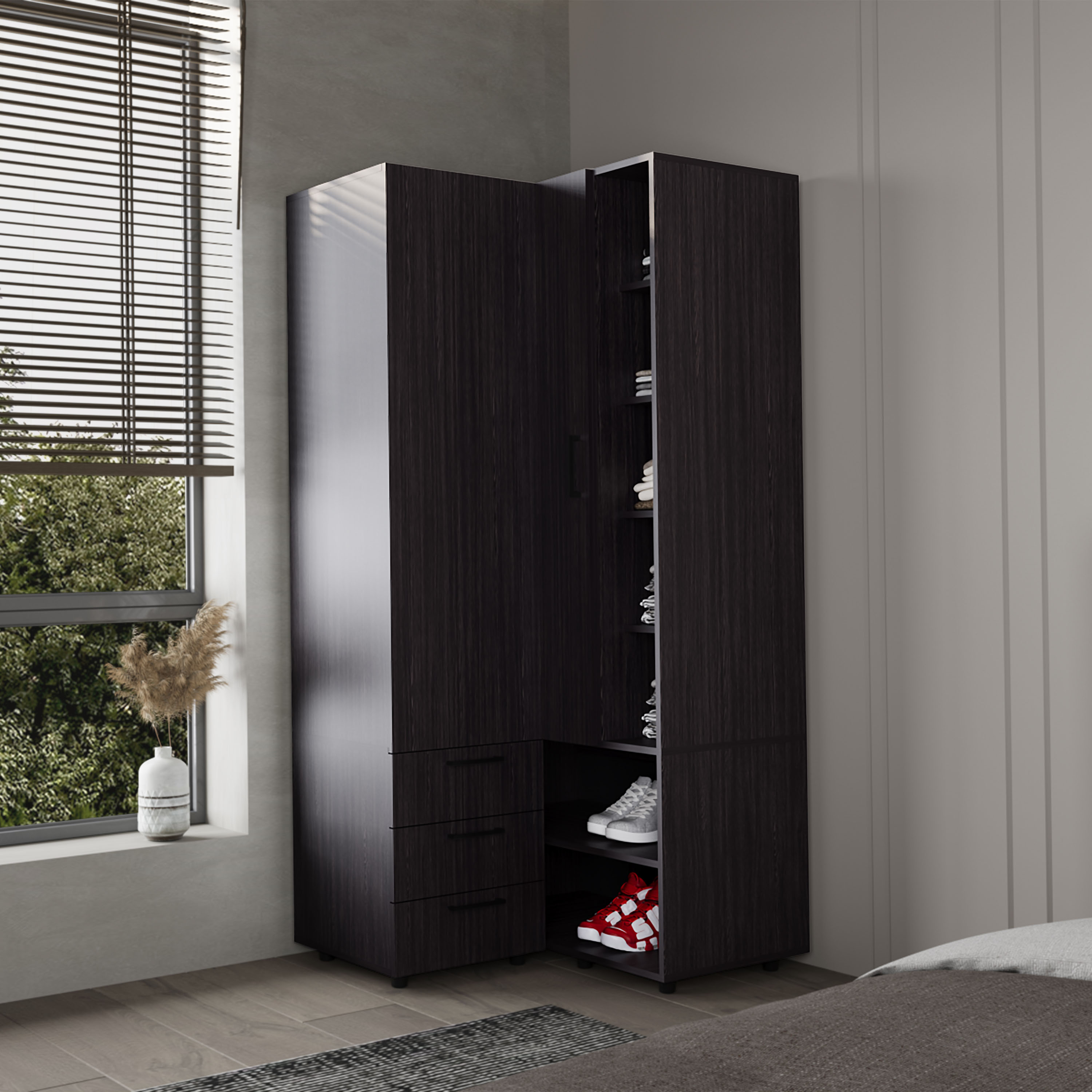 LOVMOR - Thatcher Armoire- wardrobe shoe storage Open Storage and 2 - drawer Wenge