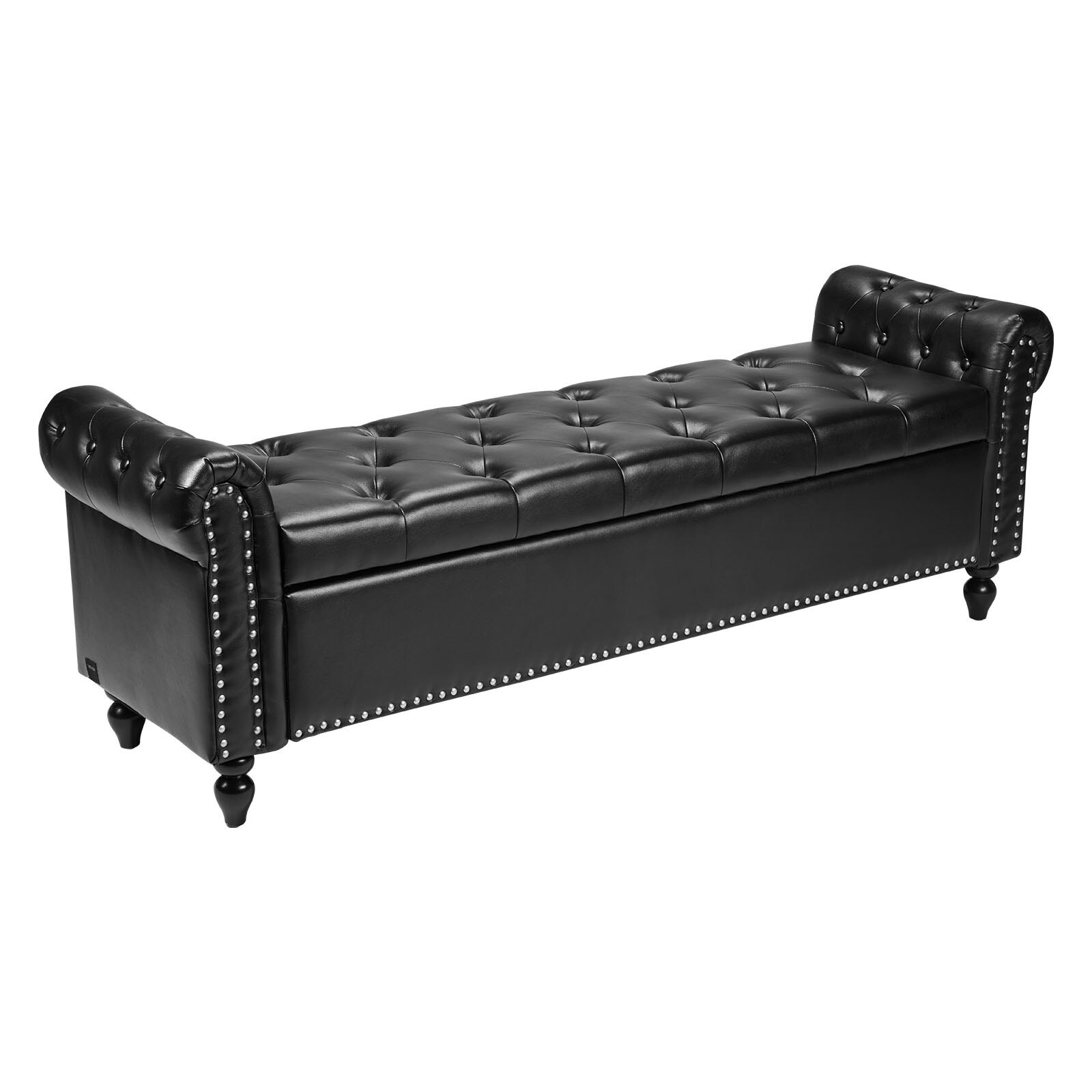 Slickblue Traditional Black/Brown/Gray PU Leather Button-Tufted Rolled Arm Storage Bench with Integrated Storage 65.4-in x 18-in x 22-in for Entryway Bedroom and Living Room