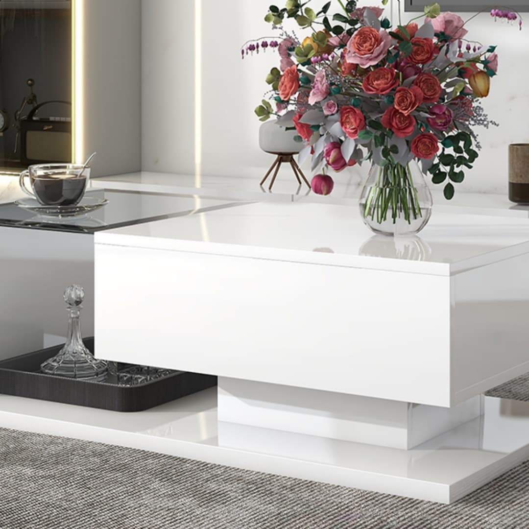ZAKLOOP WUF303936AAK White Glass Modern Coffee Table with Storage