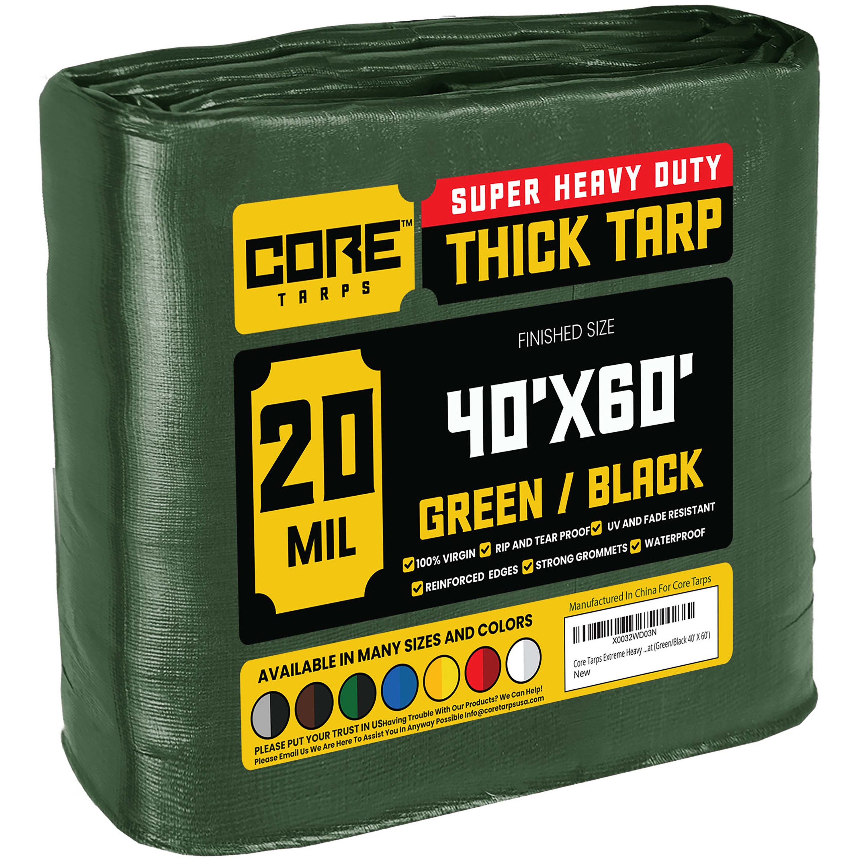 Core Tarps Extreme Heavy Duty 20 Mil Tarp, Green/Black 40 x 60