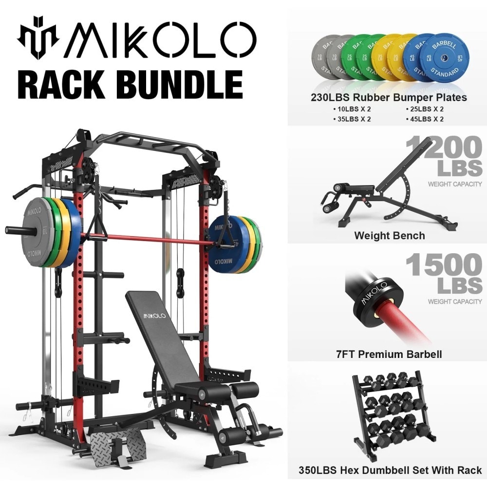 Mikolo M-HR05-WP230-DS01-R Power Cage- Squat Rack W/ Dual Pulley Cable Crossover System- Multifunction Weight Home Gym Workout Machine W/ Attachments Black 26.5LBS Adjustable Dumbbells Combo