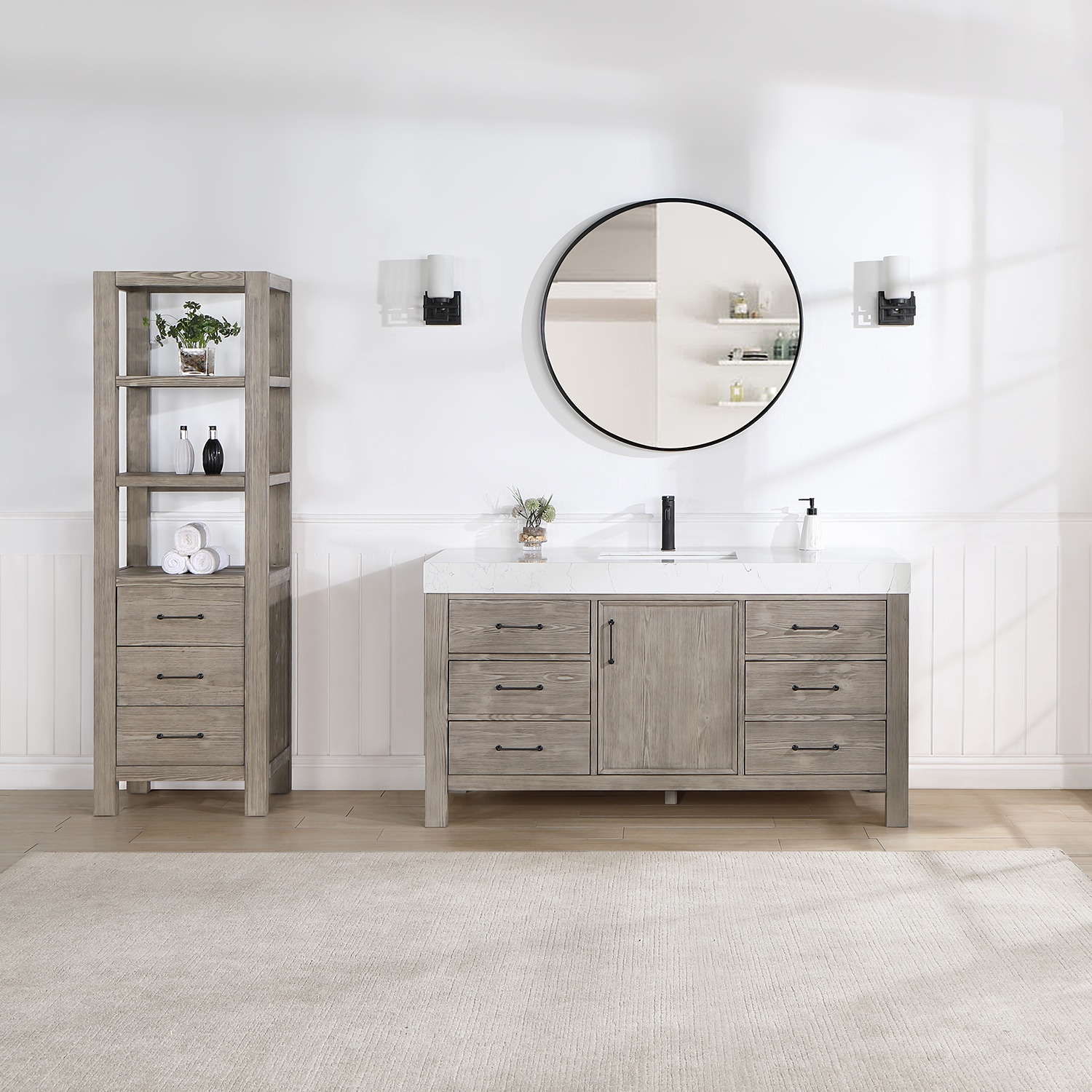 Vinnova 703860-FY-LW León 60-in Fir Wood Grey Finish Undermount Single sink Bathroom Vanity with Lightning White Engineered stone Top (Mirror Included)