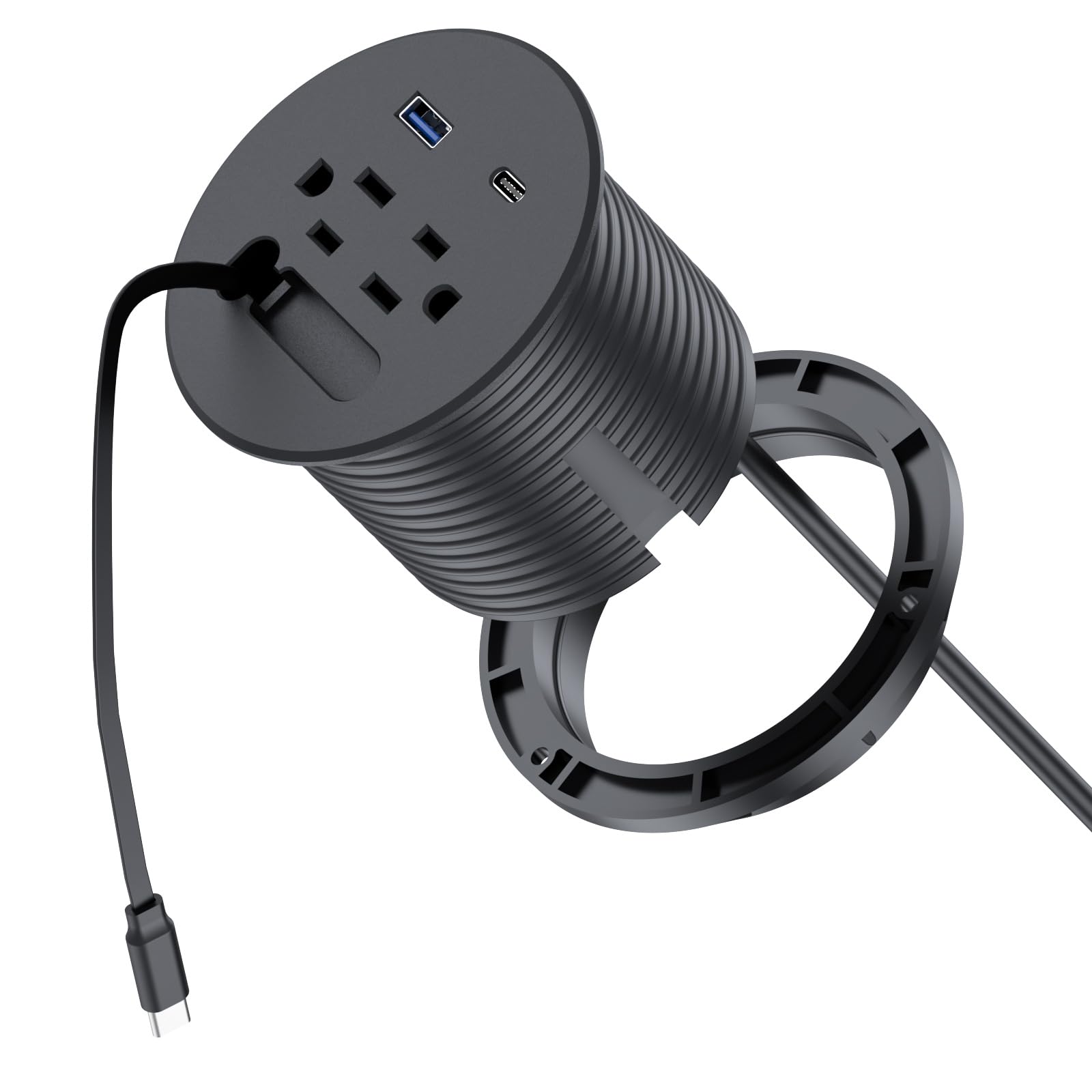 Ahfiwaso  3 inch Desk Power Grommet with1 Retractable USB C Cables 1 2ft Recessed Power Grommet PD 20W USB C USB A 2AC Outlet Desktop Outlet 6 6