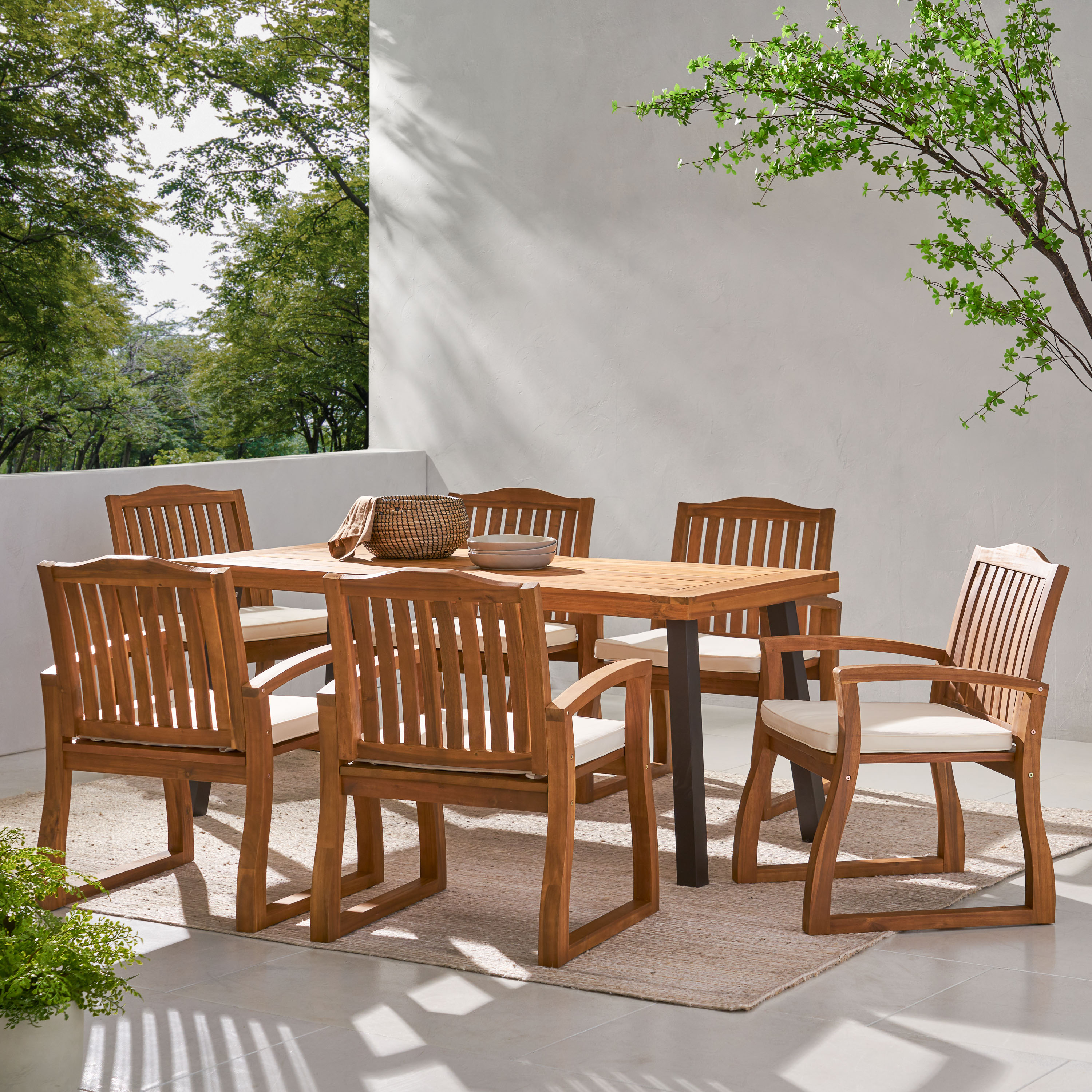 Best Selling Home Decor 296583L 7 -Piece Teak Patio Dining Set Wood Rectangle Table with 6 Off-white Cushions Stationary Chairs