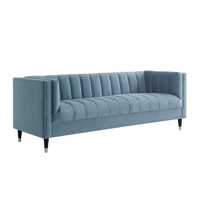 Joan Glam Slate Blue Chrome Velvet Sofa, Blue Leather Tuxedo Sofa Bed