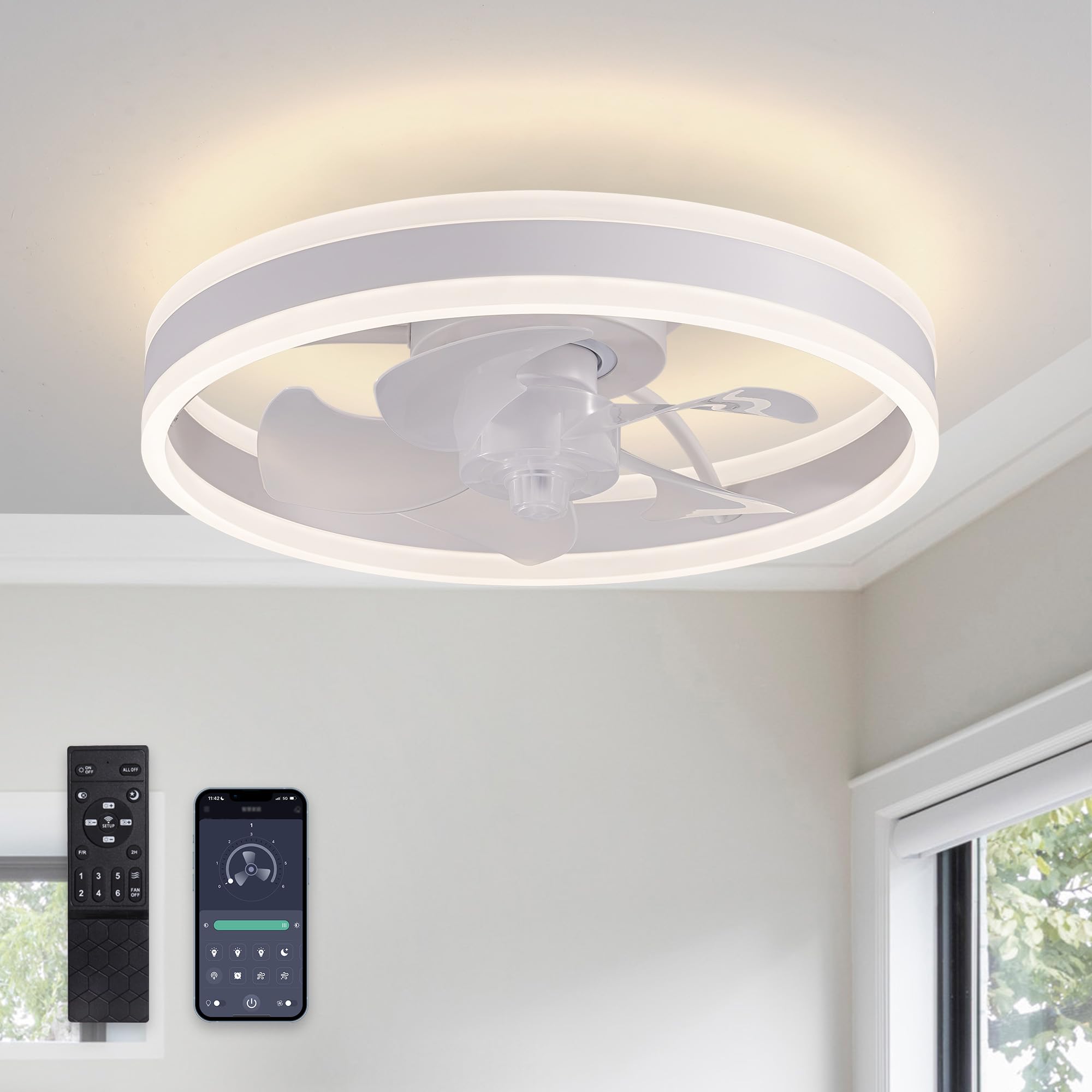 SILJOY 88623-02-MINI Flush mount Ceiling Fan with Light and Remote Control Include