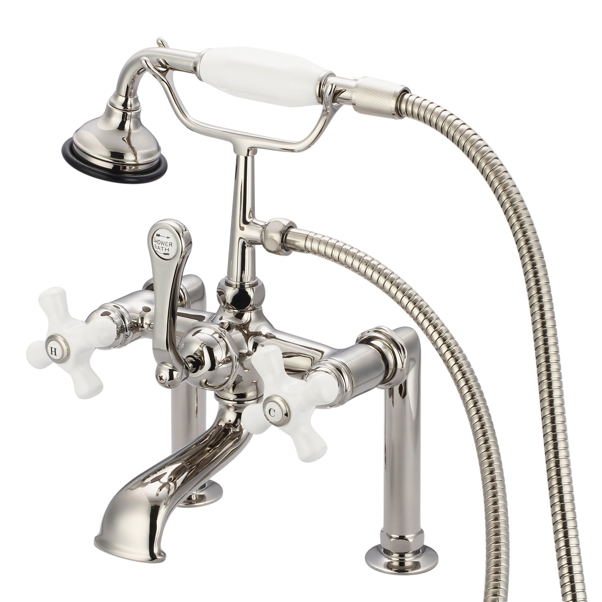 Water Creation F6-0006-05-PX F6 Polished Nickel 3-handle Deck-mount Roman Waterfall Bathtub Faucet with Hand Shower ( Valve Included )