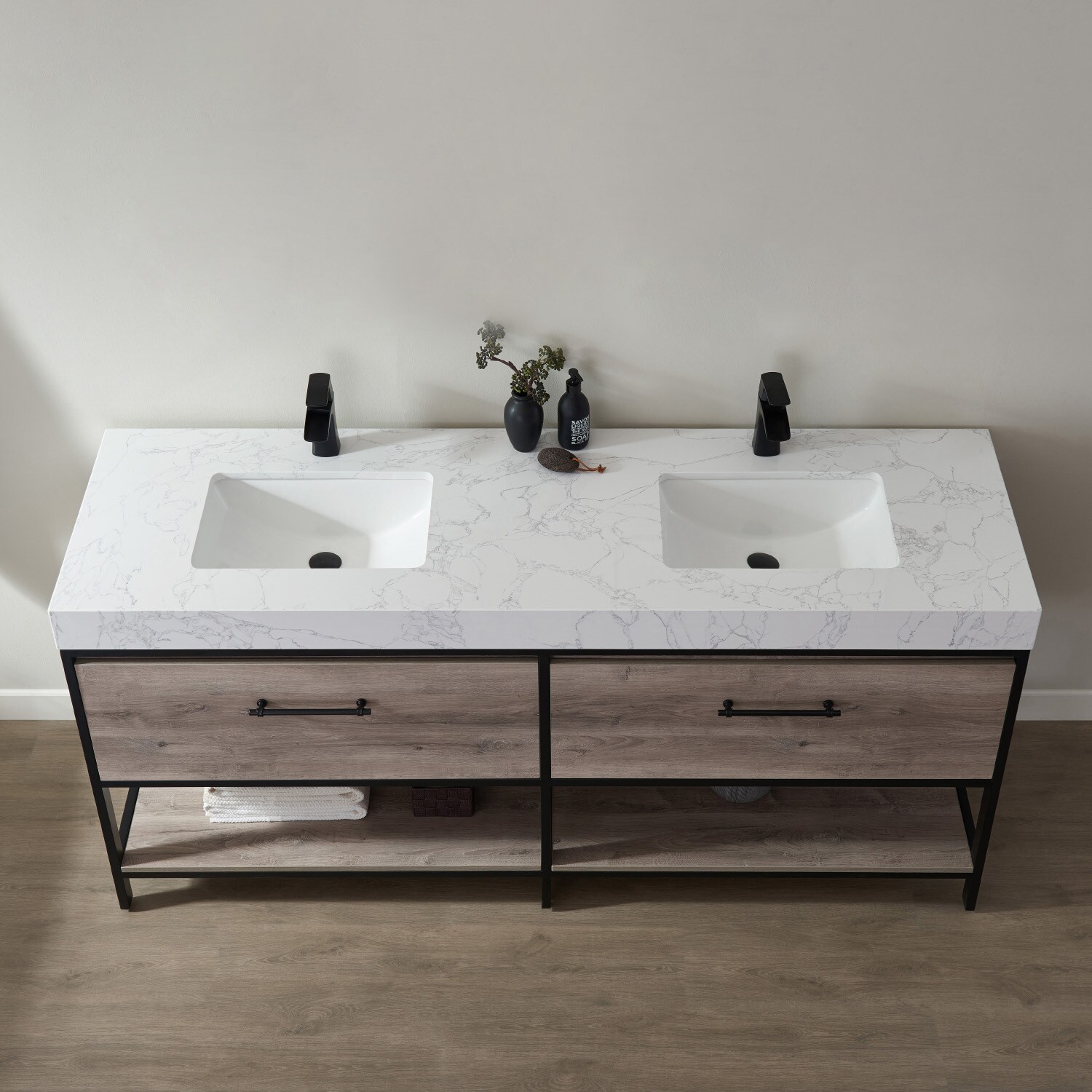 Vinnova Palma 72-in White Faux Stone Top Double Sink Bathroom Vanity ...