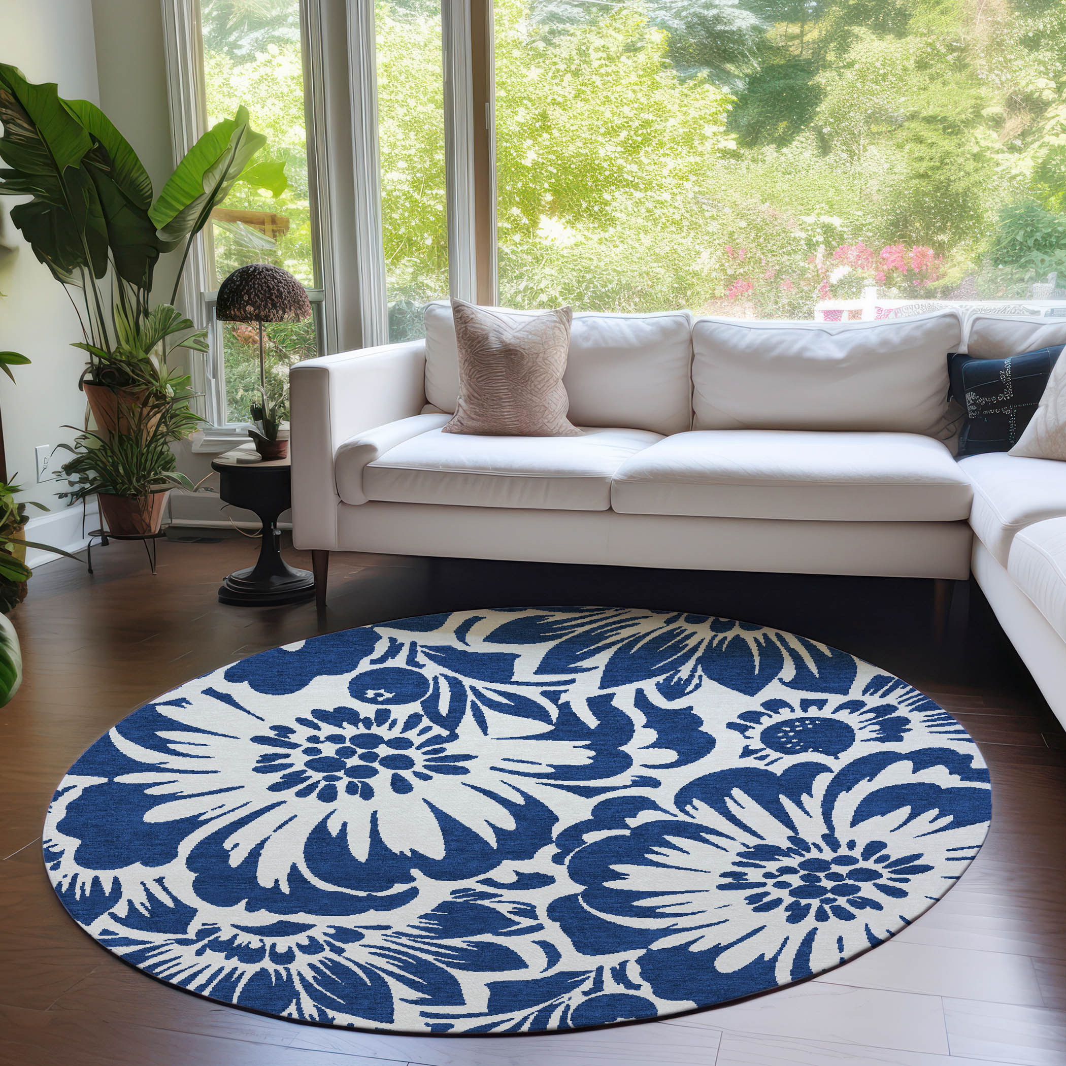 Addison Rugs ACN551NA8RO Chantille ACN551NA 8 x 8 (ft) Polyester Navy Round Indoor/Outdoor Floral/Botanical Farmhouse/Cottage Machine washable Area rug