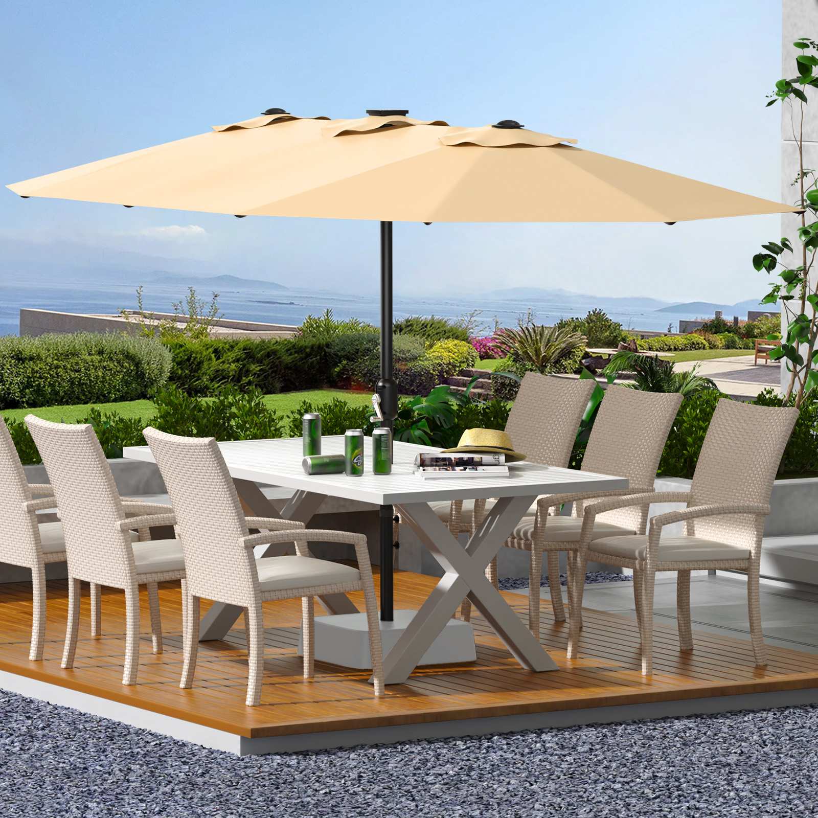 Qeetex SQY-PPG-3353STYF 13 FT Double Sided Rectangle Patio Market Umbrella Heavy Duty Waterproof and Windproof Umbrella for Poolside Lawn and Backyard Beige