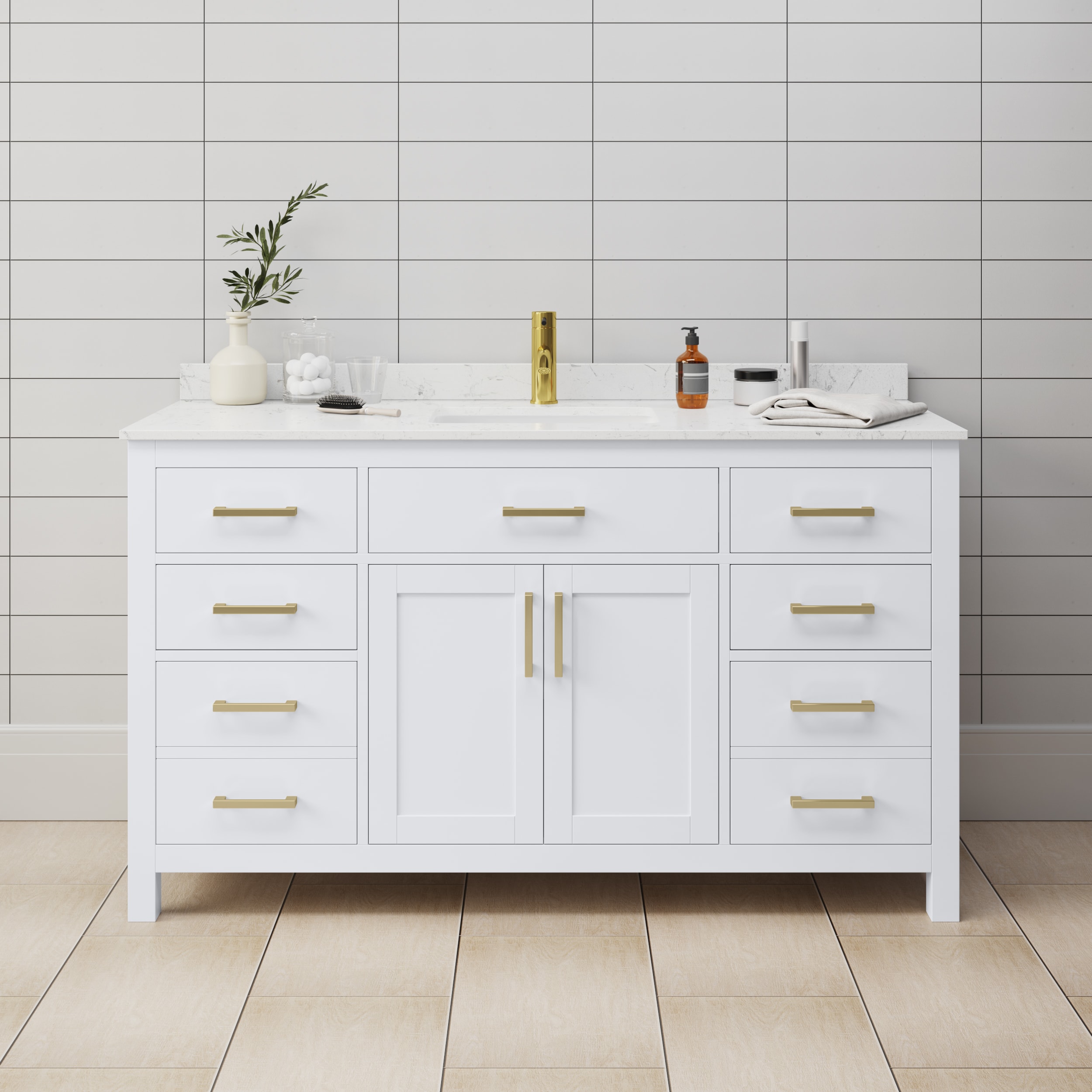 Wyndham Collection WCG242460SWGCCUNSMXX Beckett 60-in White with Brushed Gold Trim Undermount Single sink Bathroom Vanity with Carrara Cultured Marble Cultured marble Top