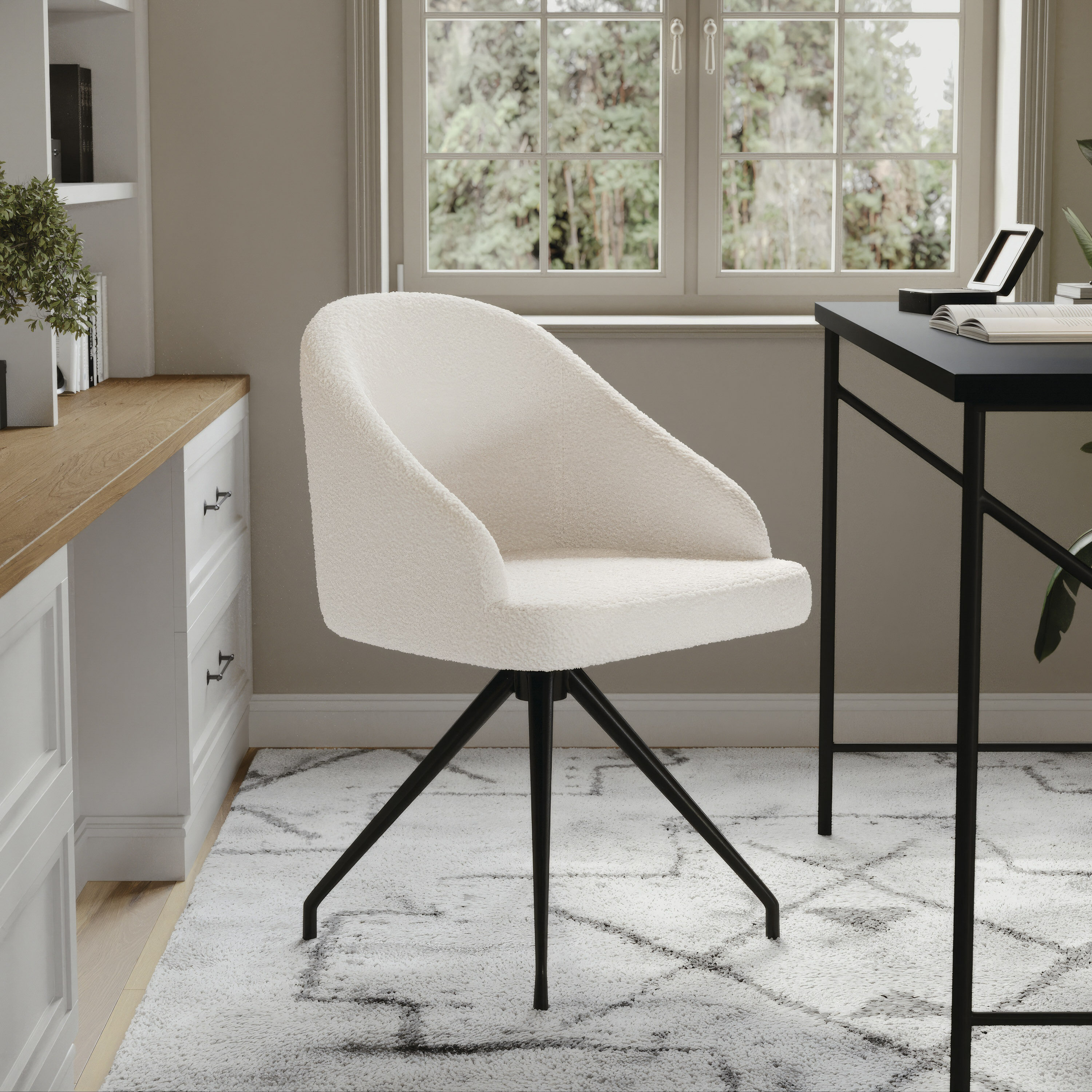 White Boucle Upholstered Office Chair with Oil Rubbed Bronze Frame