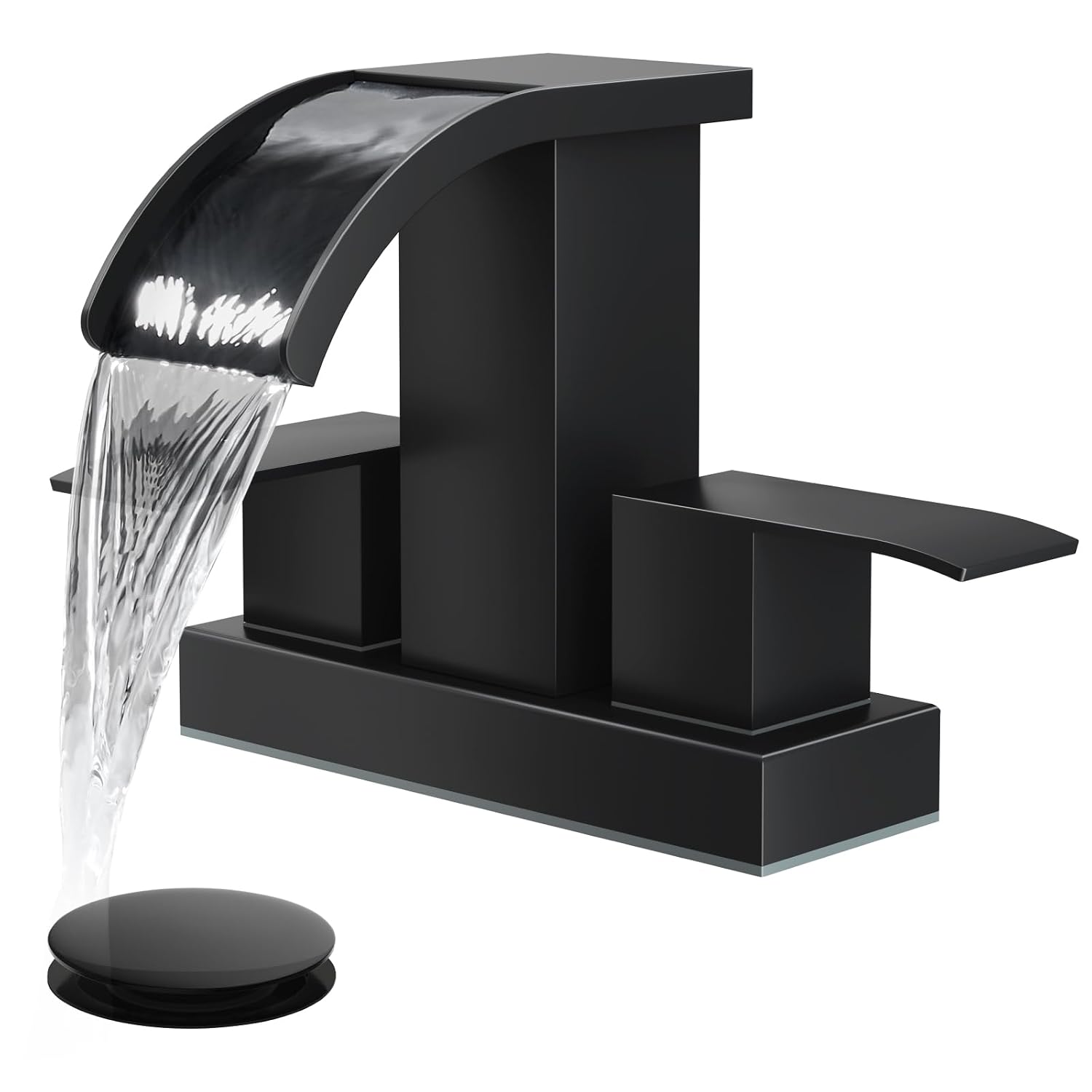 GOTONOVO 4 Inch Centerset Bathroom Sink Faucet 2-Handle Waterfall Spout Matte Black Finish SUS304 Stainless Steel with Pop-Up Drain and 24 Inch Supply Lines 2 or 3 Hole Installation