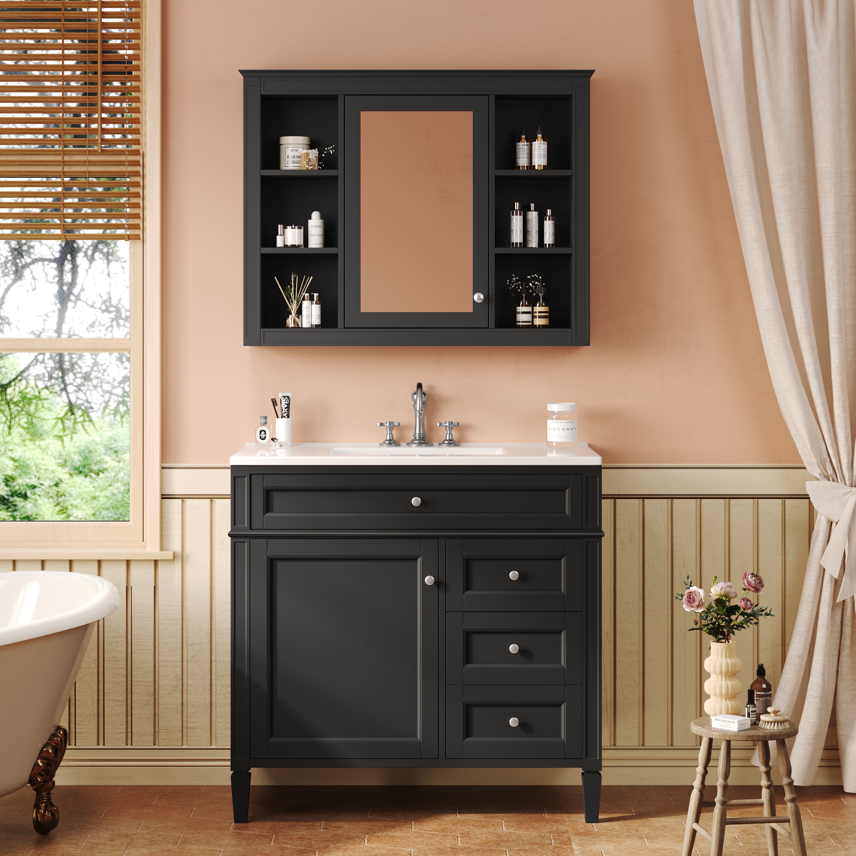 ModernLuxe L3P-N710S236006B 36inch Bathroom Vanity with Top Sink Modern Bathroom Storage Cabinet with Mirror 2 Drawers and a Tipout Drawer Mirror Cabinet with 6 Open Shelves Single Sink Bathroom Vanity