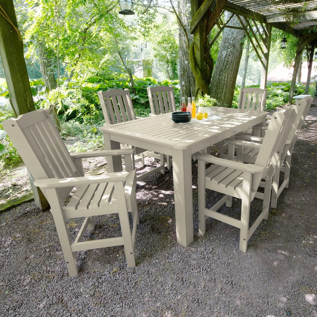 highwood AD-ST7LH2CO4BA-WAE Lehigh 7 -Piece Whitewash Bar Height Patio Dining Set Plastic Rectangle Table with 6 Stationary Chairs