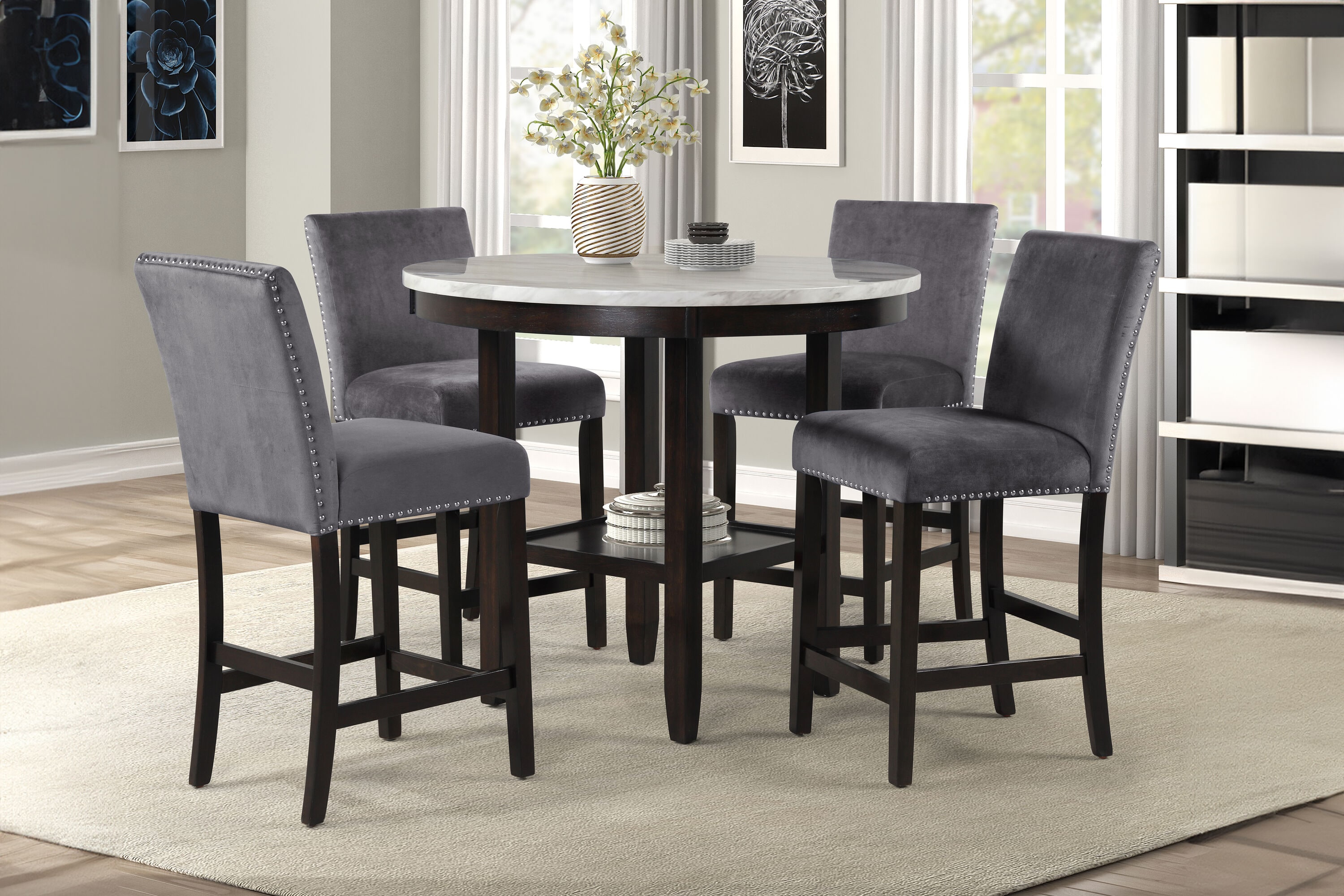 New Classic Celeste 5-Piece Wood Round Counter Table Set in Gray