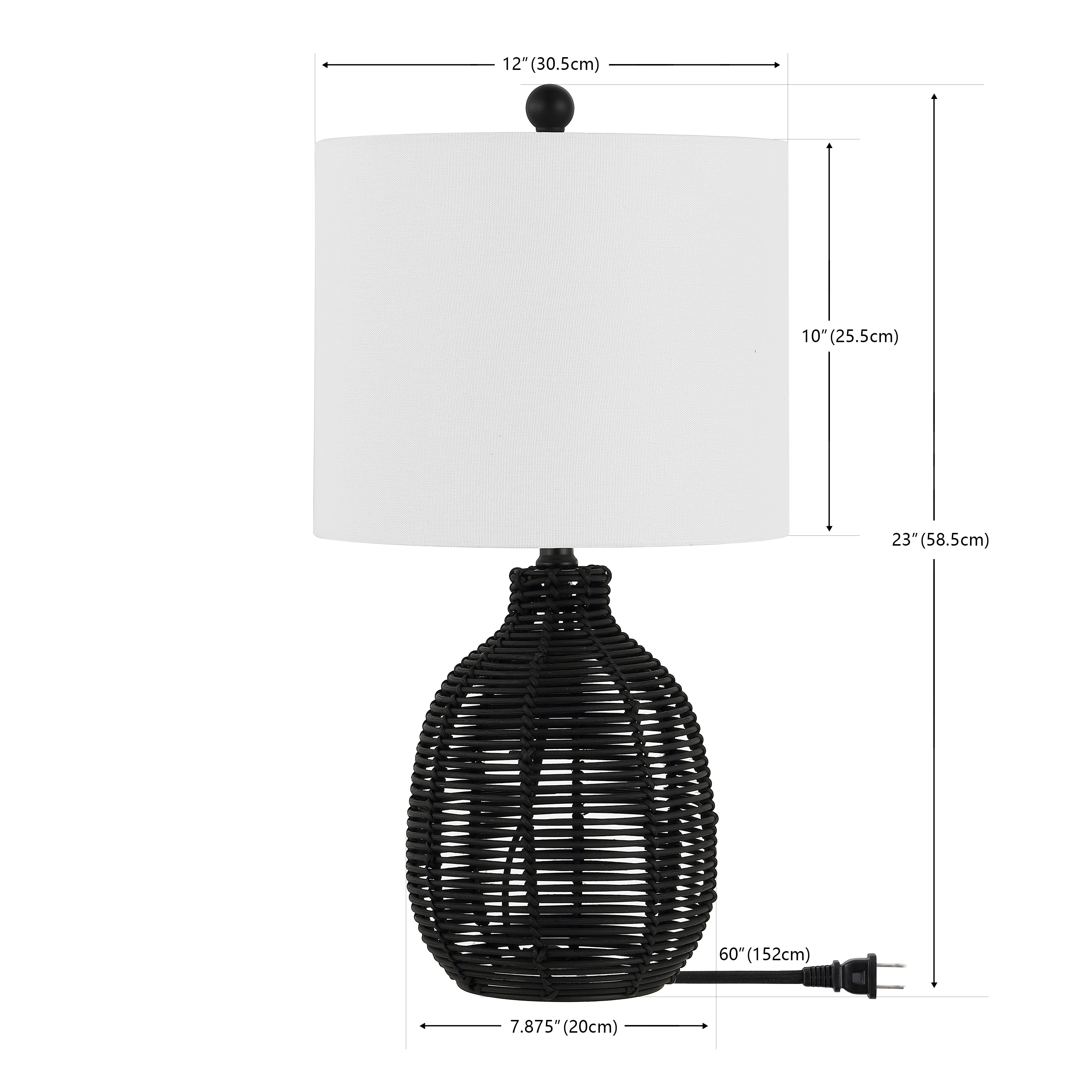 23 Inch Black Rattan Table Lamp with White Cotton Shade
