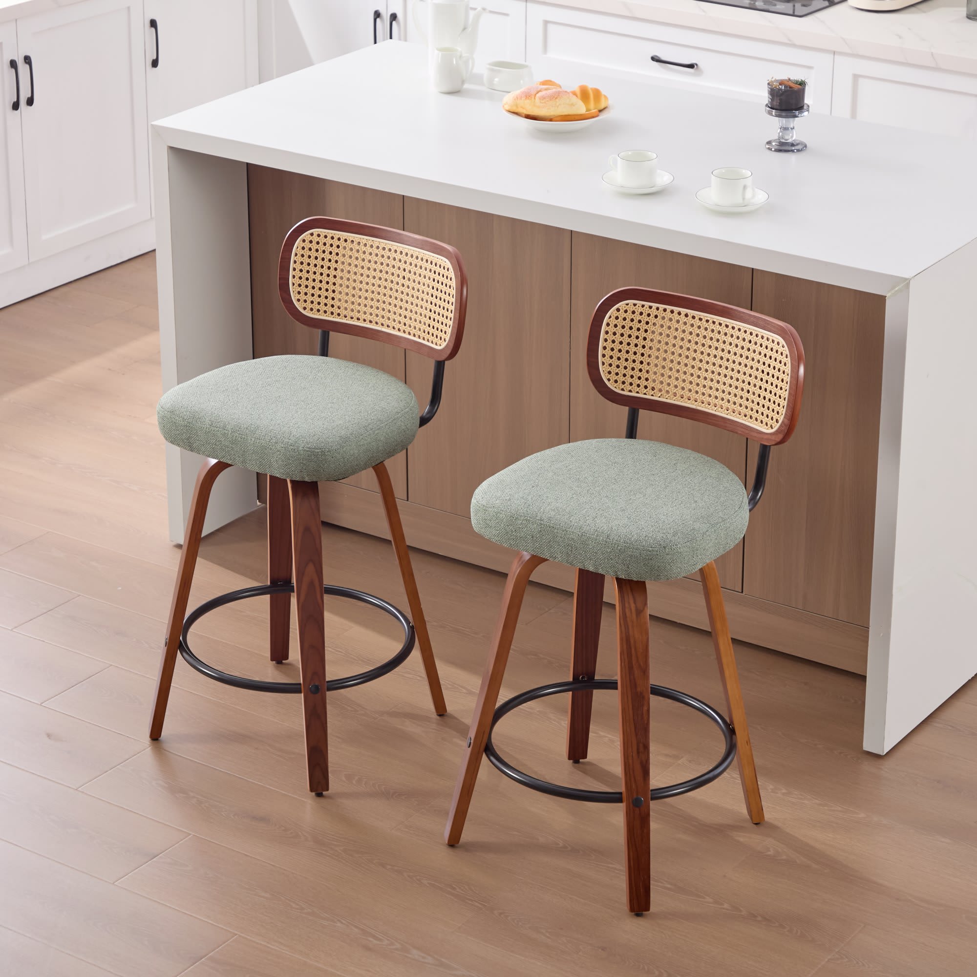 Vynxaria  Set of 2 26 Inch Counter Height Bar Stools Walnut Black Cane Rattan Back Light Green Linen Seat 360 Swivel for Kitchen Island Bar